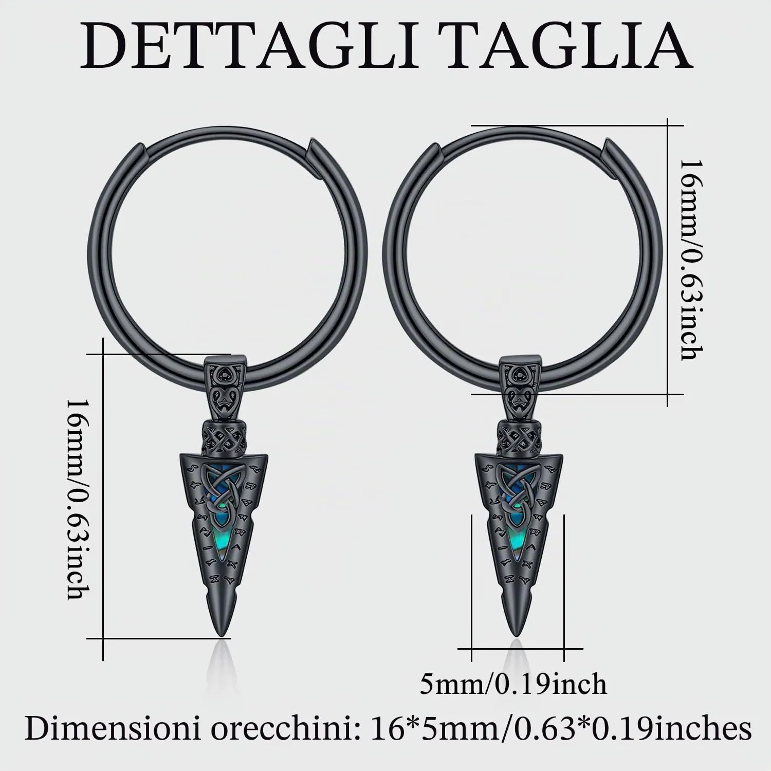 Odinstone Orecchini Creoli Viking Punta di Lancia Nero Celtico, 17 mm - immagine 2