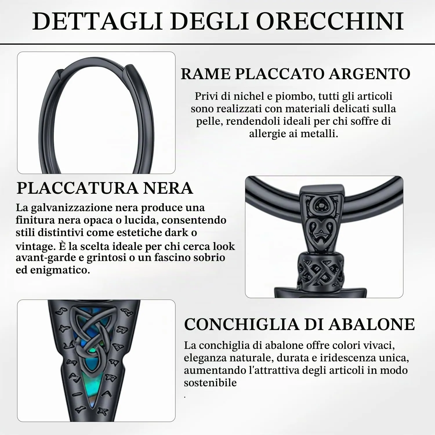 Odinstone Orecchini Creoli Viking Punta di Lancia Nero Celtico, 17 mm - immagine 4