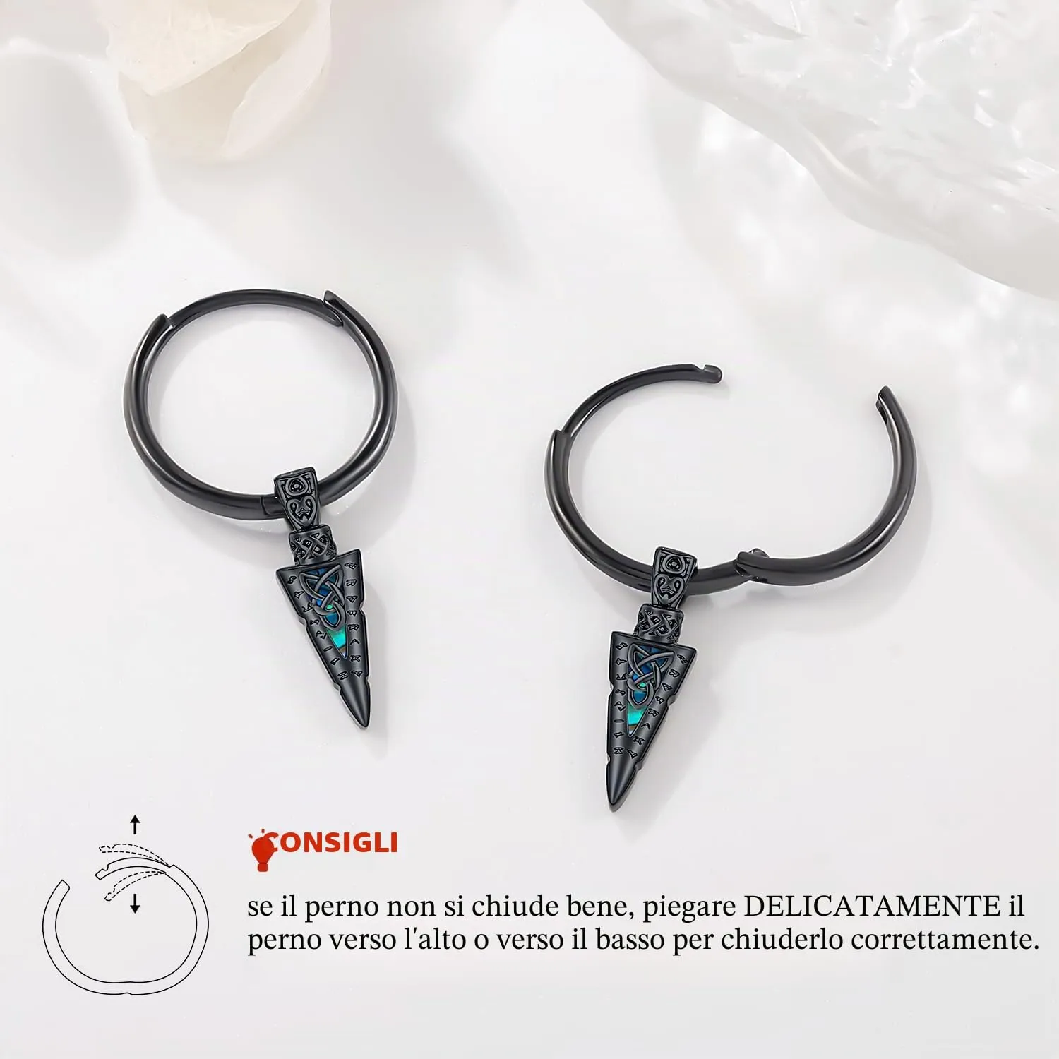 Odinstone Orecchini Creoli Viking Punta di Lancia Nero Celtico, 17 mm - immagine 6