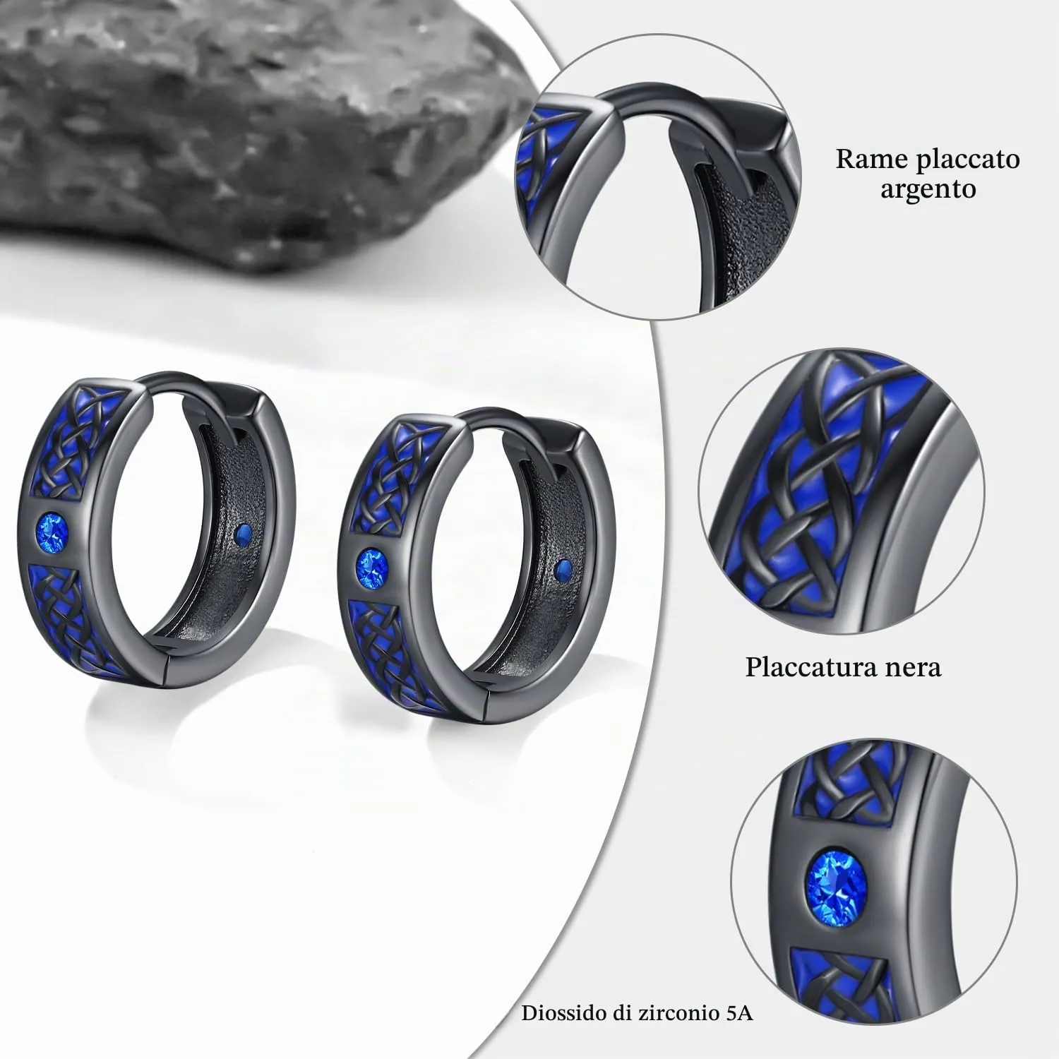 Odinstone Orecchini a Cerchio Vichinghi Nordici Celtici Nero Blu 17 mm - immagine 4