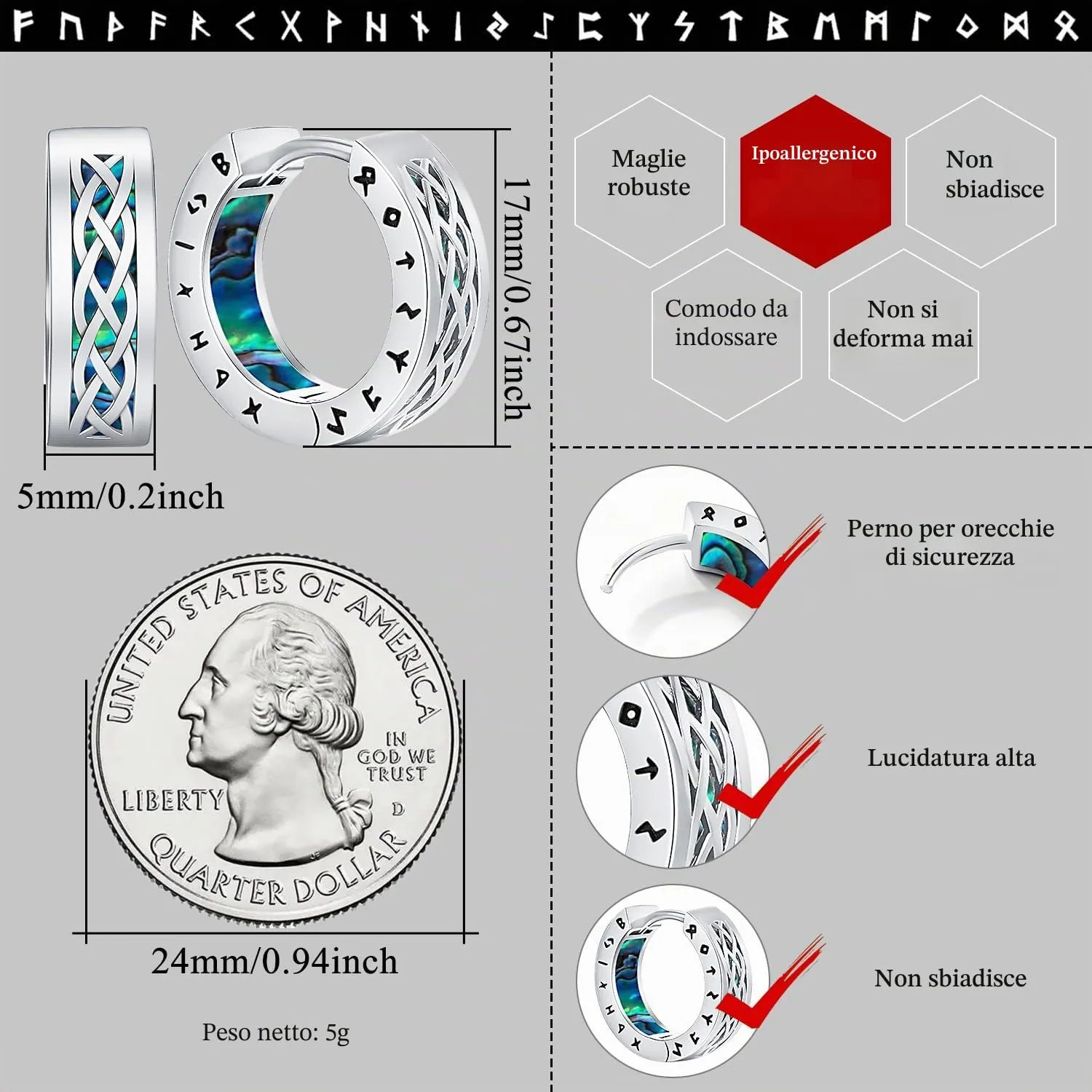 Odinstone Orecchini Creoli Viking Celtici in Argento 15 mm - immagine 2