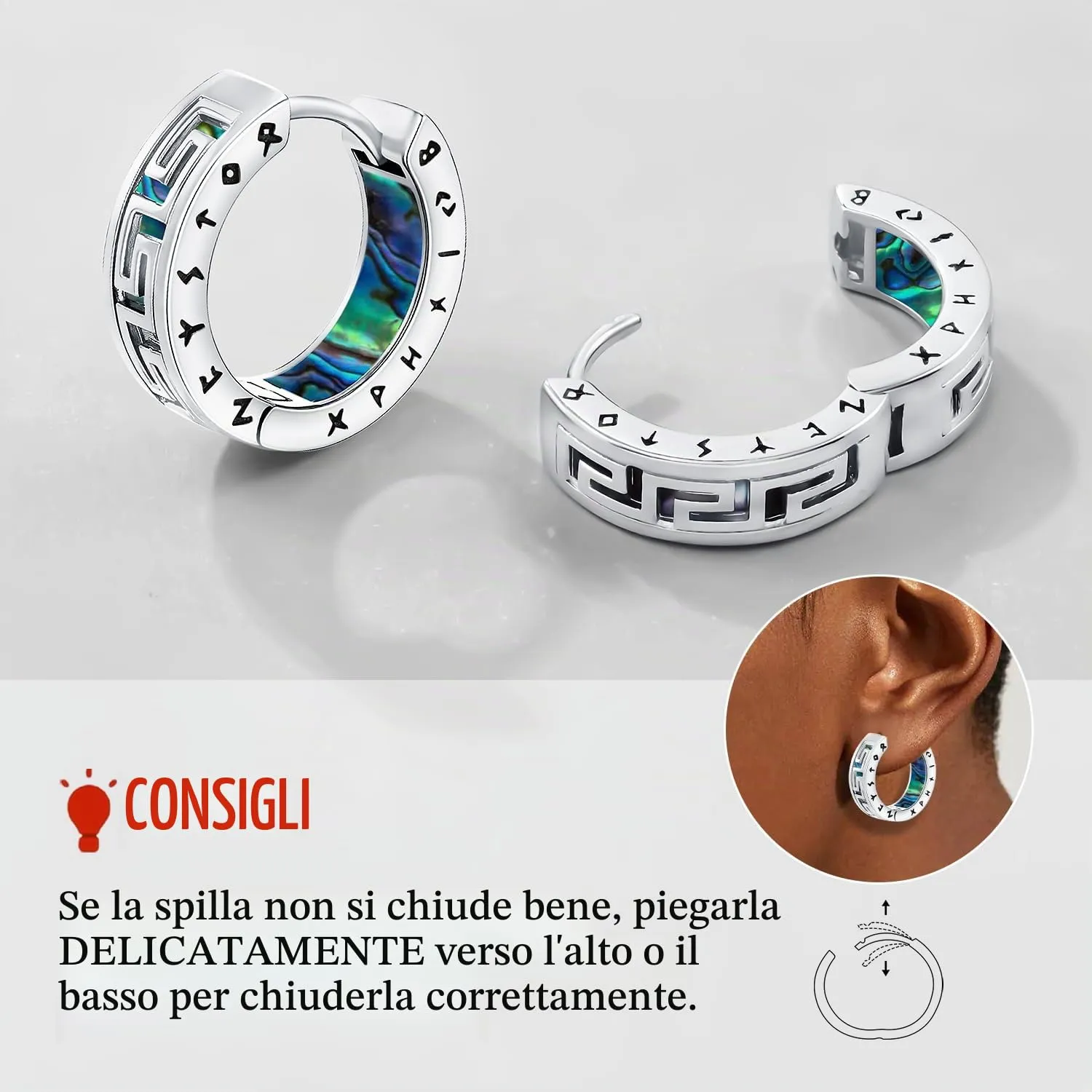 Odinstone Orecchini a Cerchio Runiche e Motivo Greco 17mm in Rame e Abalone - immagine 6