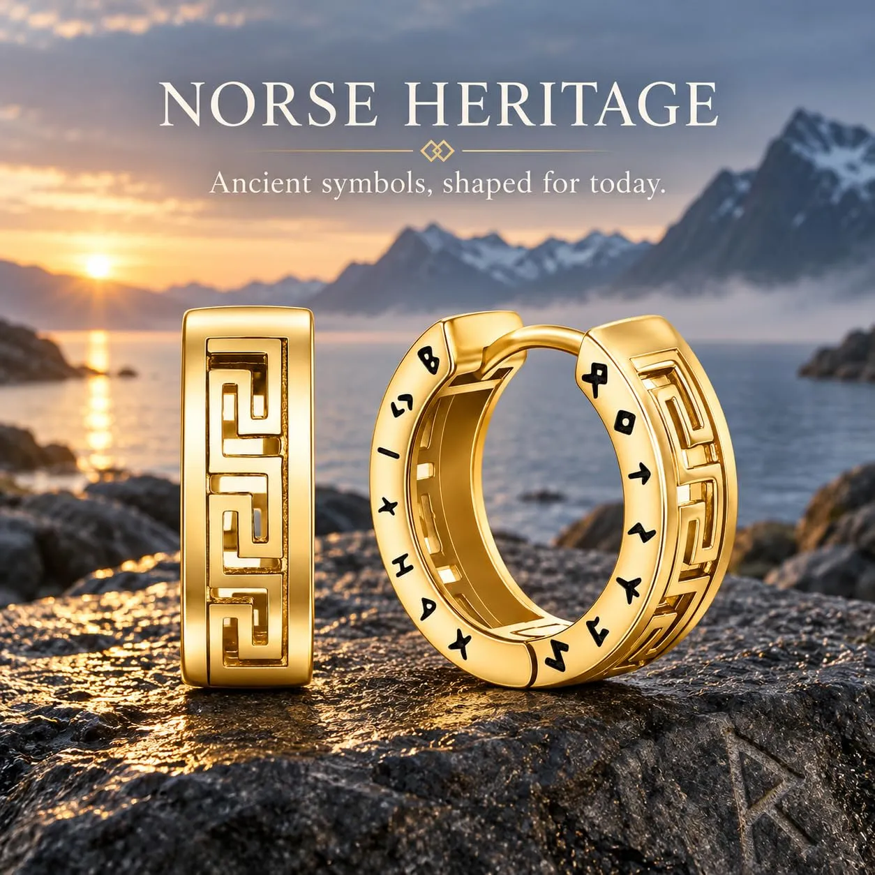 Odinstone Orecchini a Cerchio Vichinghi Rune Nordiche Celtiche 17 mm Oro - immagine 2