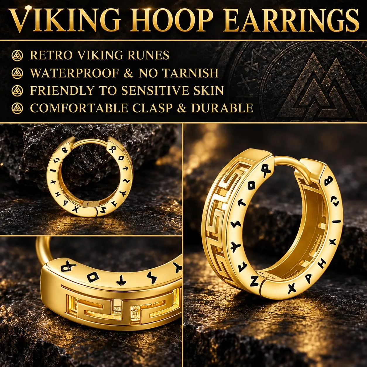 Odinstone Orecchini a Cerchio Vichinghi Rune Nordiche Celtiche 17 mm Oro - immagine 6