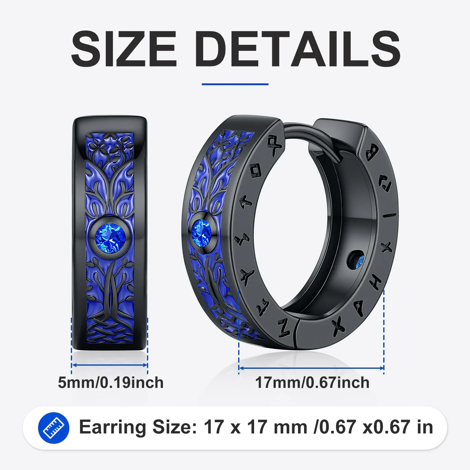 Odinstone Orecchini Cerchio Yggdrasil Vichinghi Uomo, Nero Blu, 17 mm - immagine 6