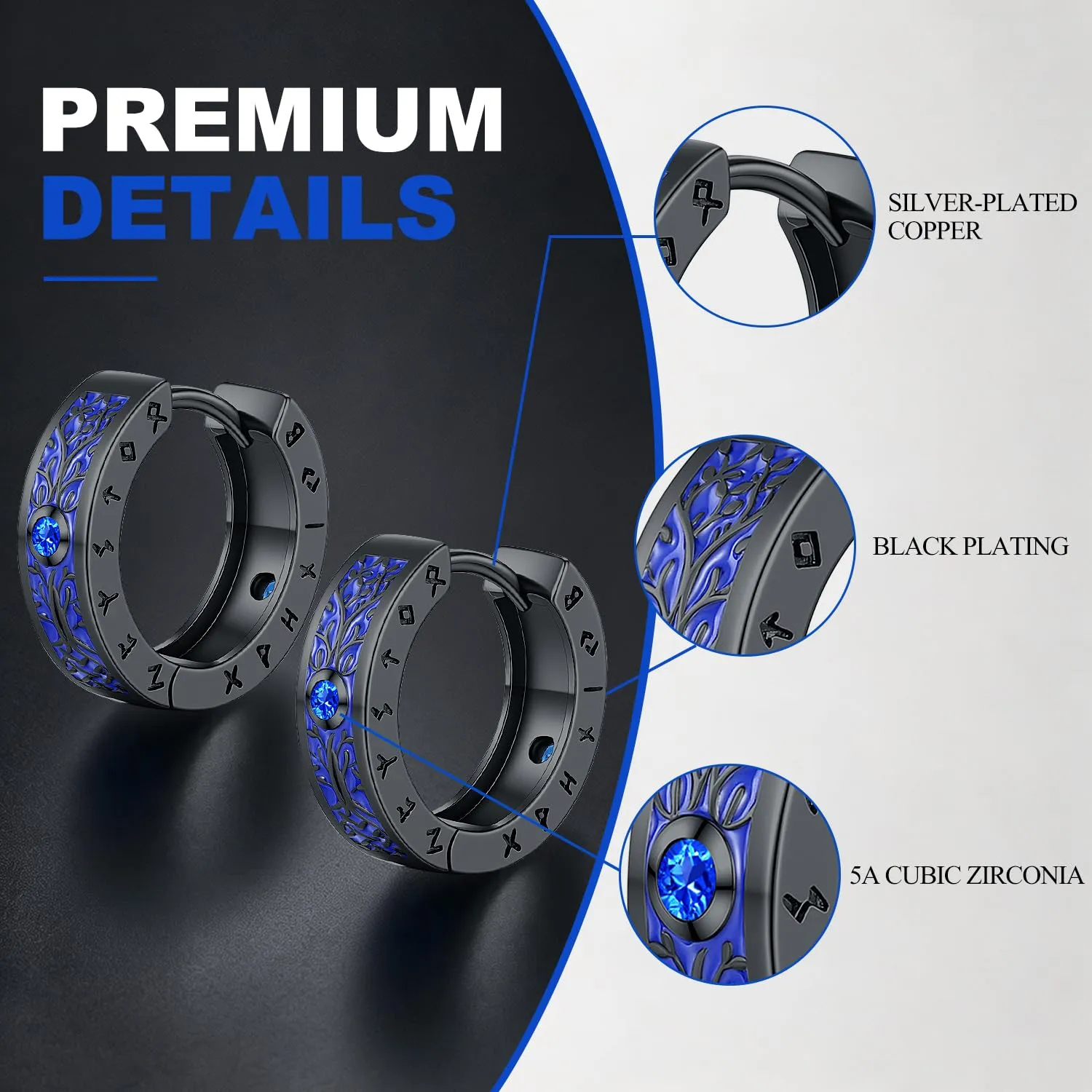 Odinstone Orecchini Cerchio Yggdrasil Vichinghi Uomo, Nero Blu, 17 mm - immagine 7