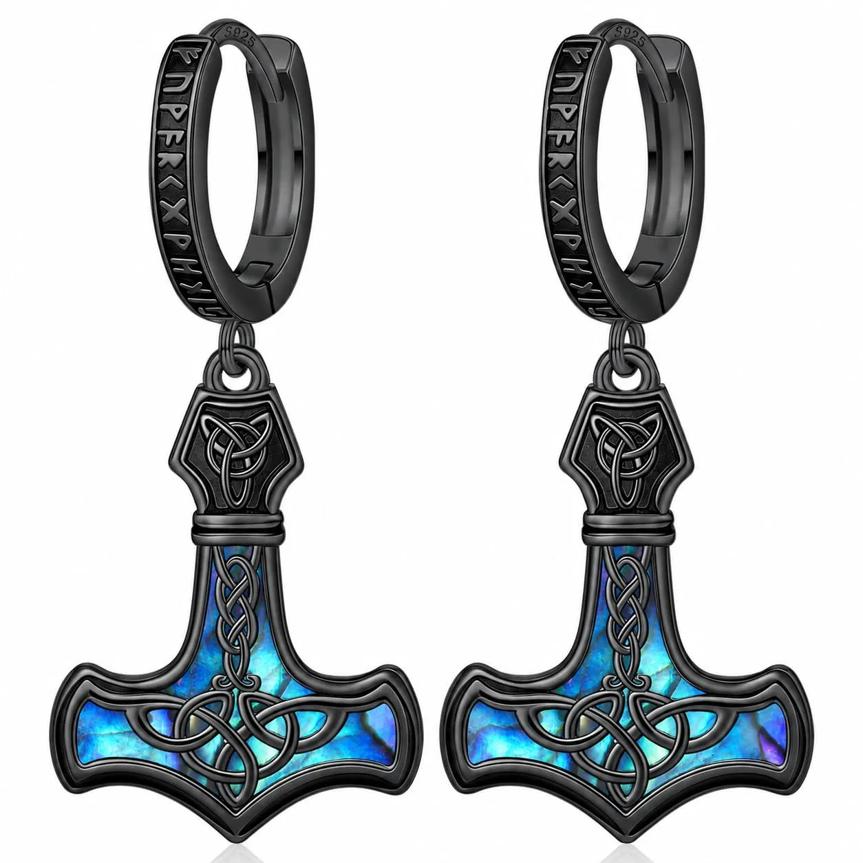 Odinstone Orecchini Martello di Thor Viking Uomo, Nero, Argento 925 - immagine 1