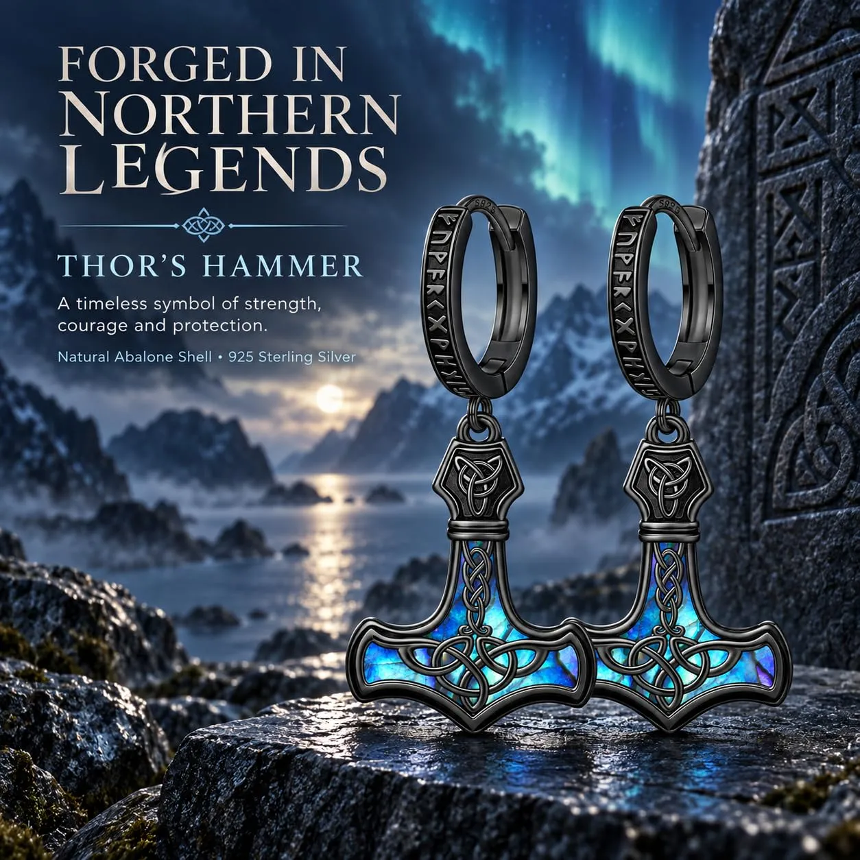 Odinstone Orecchini Martello di Thor Viking Uomo, Nero, Argento 925 - immagine 2