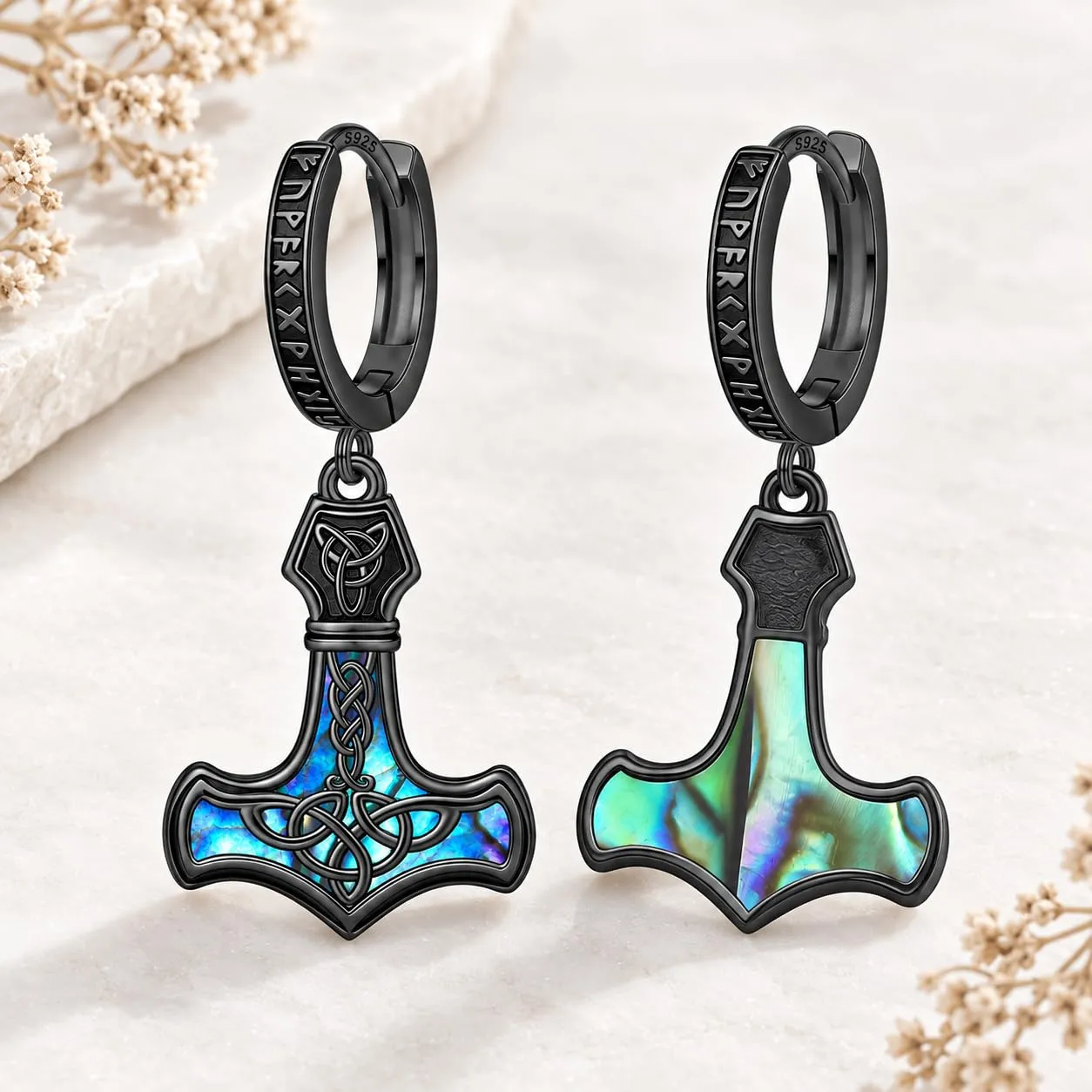 Odinstone Orecchini Martello di Thor Viking Uomo, Nero, Argento 925 - immagine 8