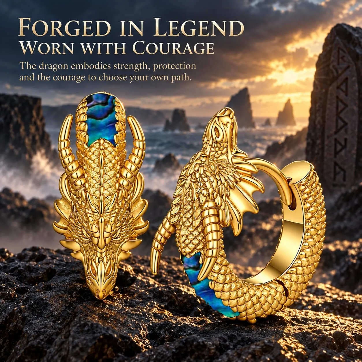 Odinstone Orecchini Viking Dragon da Uomo, Cerchi Nordici Oro - immagine 2