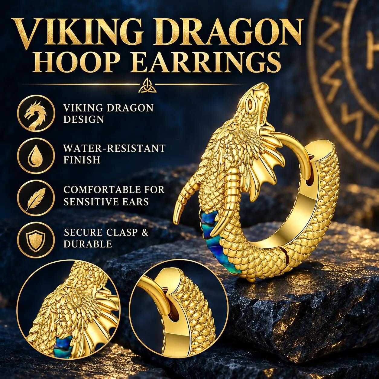Odinstone Orecchini Viking Dragon da Uomo, Cerchi Nordici Oro - immagine 6