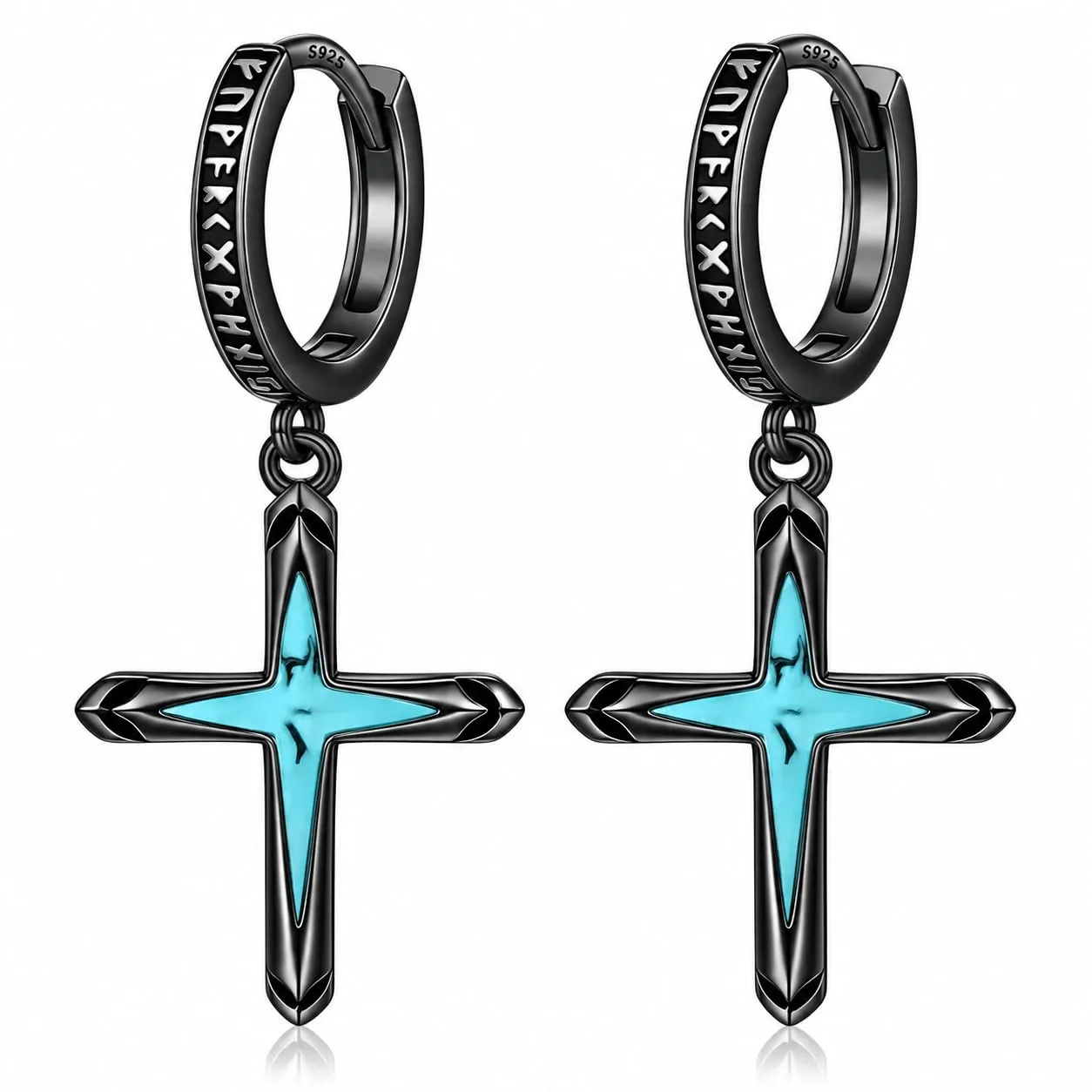 Odinstone Orecchini Croce Uomo Cerchi Rune Vichinghe Huggie Norreno - immagine 1