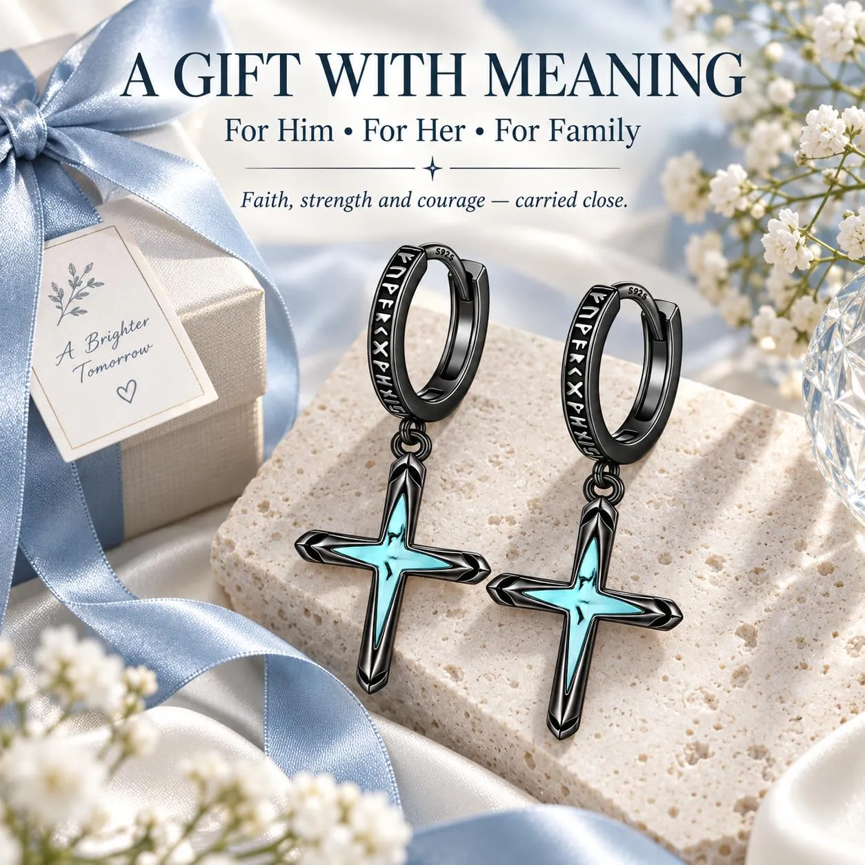 Odinstone Orecchini Croce Uomo Cerchi Rune Vichinghe Huggie Norreno - immagine 5