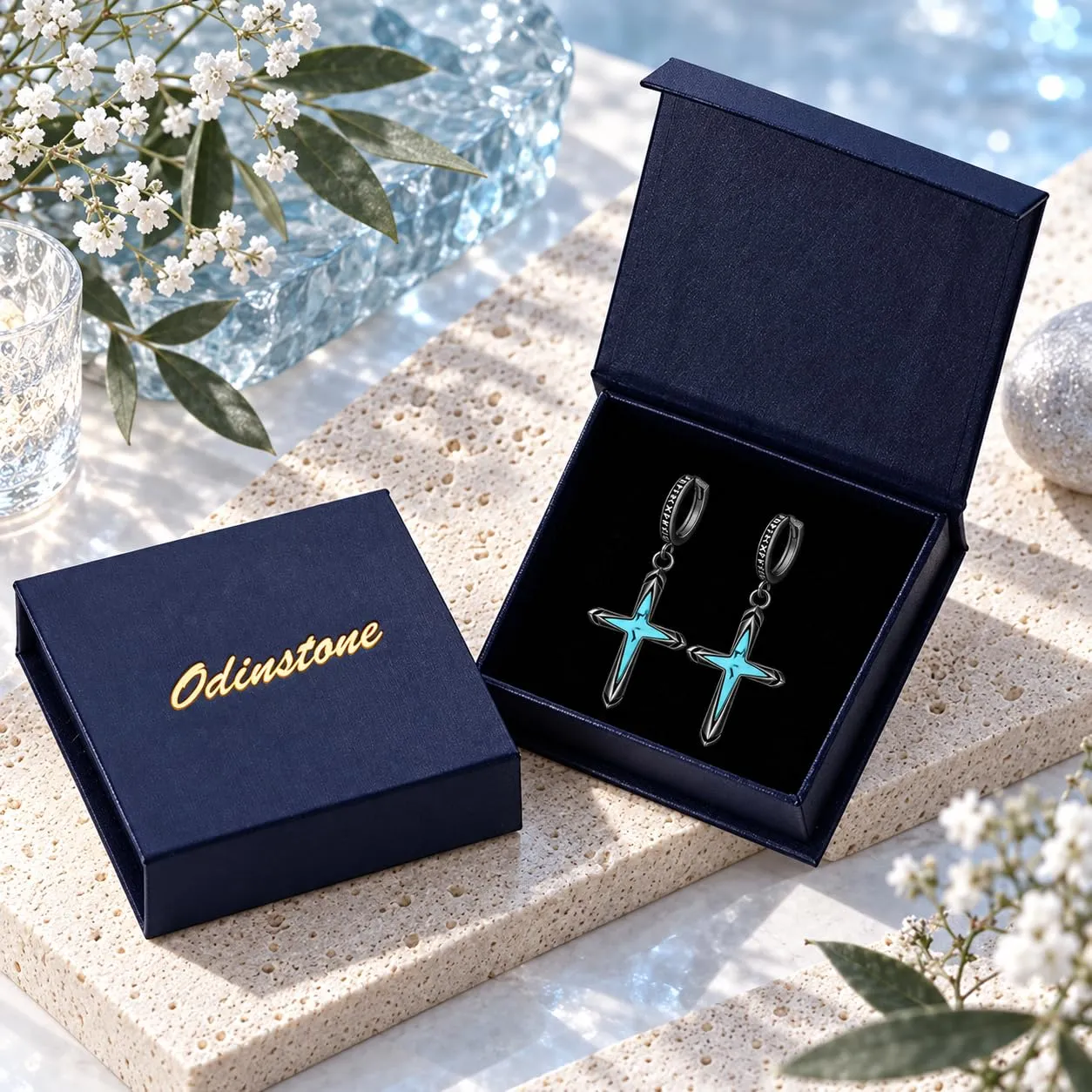 Odinstone Orecchini Croce Uomo Cerchi Rune Vichinghe Huggie Norreno - immagine 6
