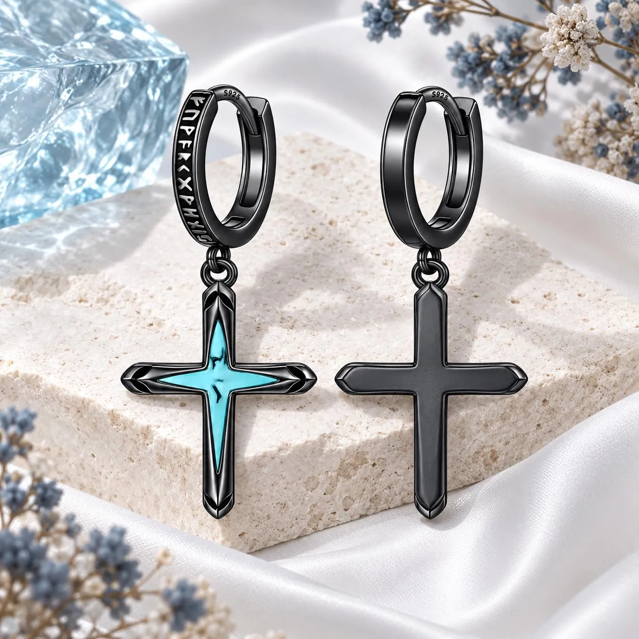 Odinstone Orecchini Croce Uomo Cerchi Rune Vichinghe Huggie Norreno - immagine 8