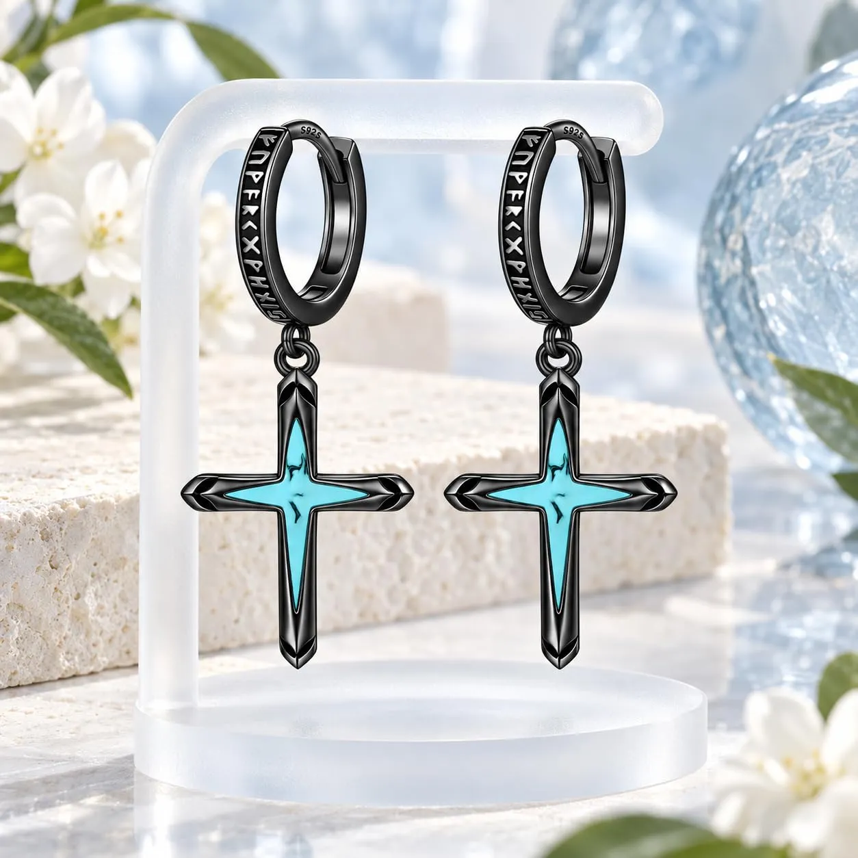 Odinstone Orecchini Croce Uomo Cerchi Rune Vichinghe Huggie Norreno - immagine 9