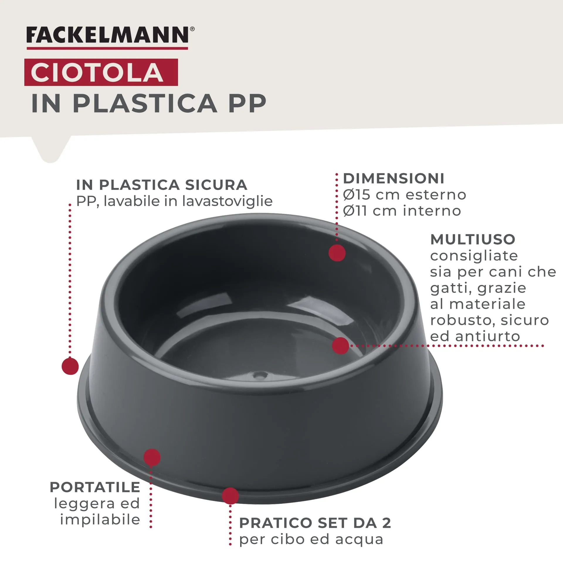 Fackelmann Ciotola per Cibo Animali in PP, Grigio, 15 x 15 x 5 cm - immagine 2