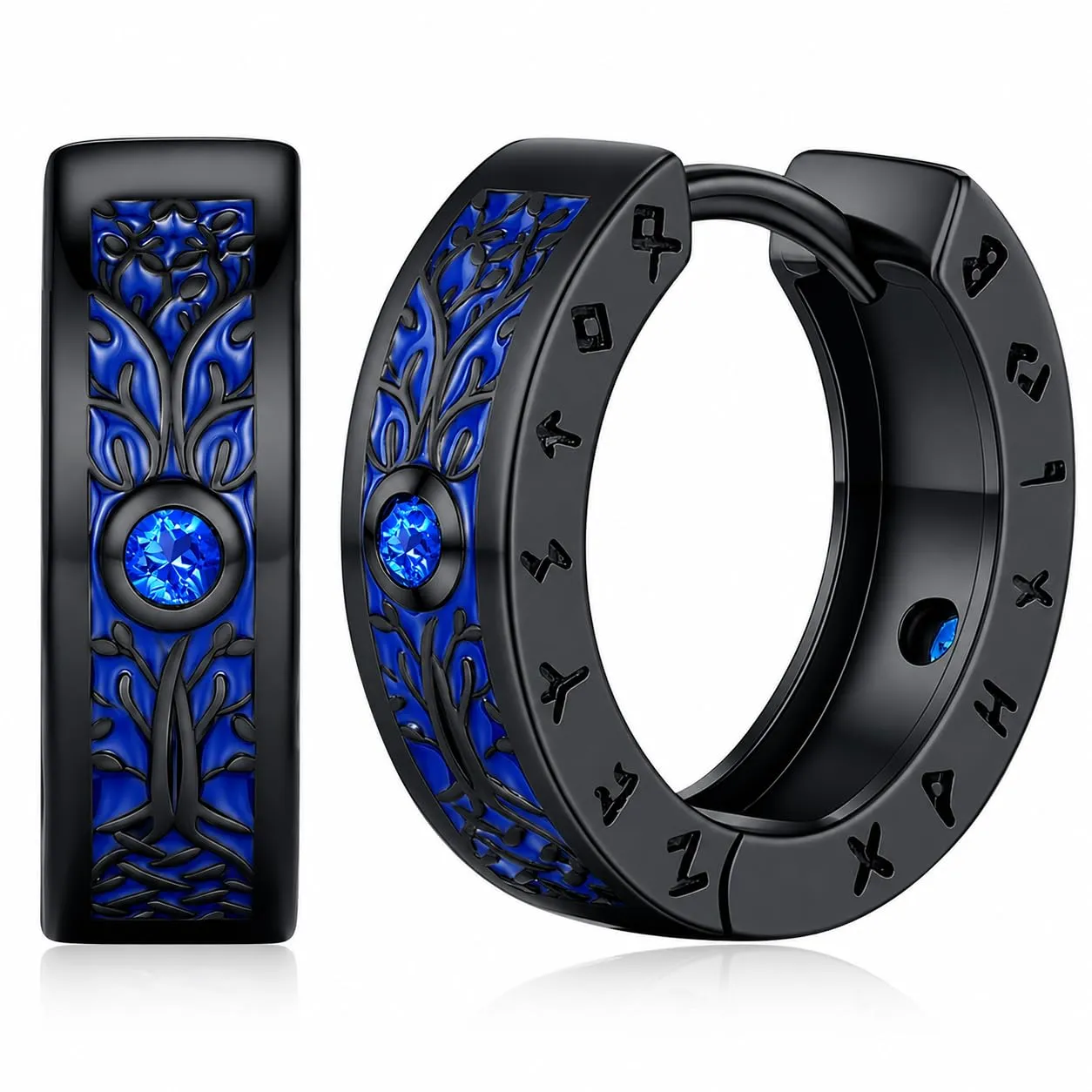 Odinstone Orecchini Cerchio Yggdrasil Vichinghi Uomo, Nero Blu, 17 mm - immagine 1