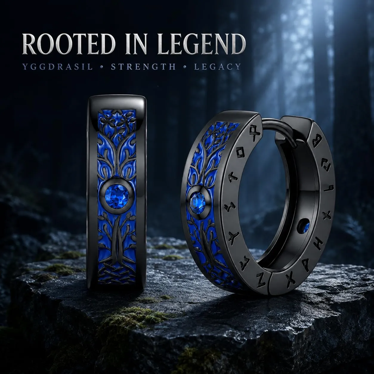 Odinstone Orecchini Cerchio Yggdrasil Vichinghi Uomo, Nero Blu, 17 mm - immagine 2