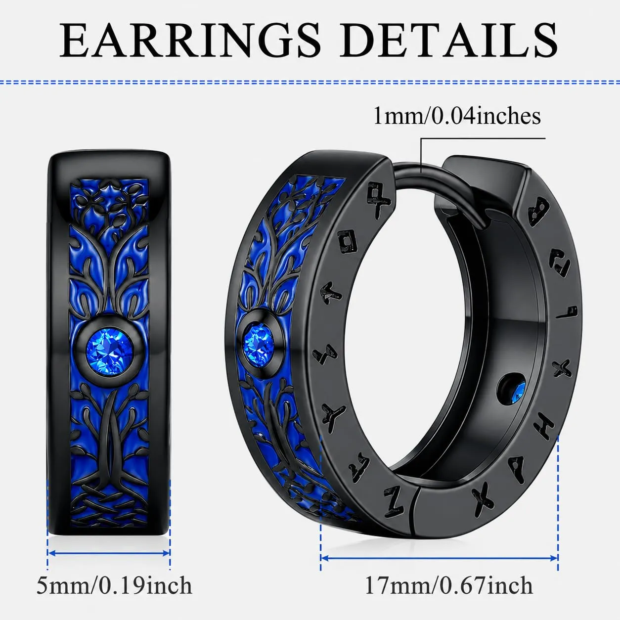 Odinstone Orecchini Cerchio Yggdrasil Vichinghi Uomo, Nero Blu, 17 mm - immagine 6