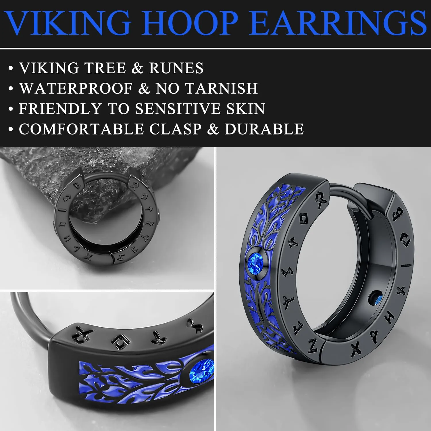 Odinstone Orecchini Cerchio Yggdrasil Vichinghi Uomo, Nero Blu, 17 mm - immagine 7