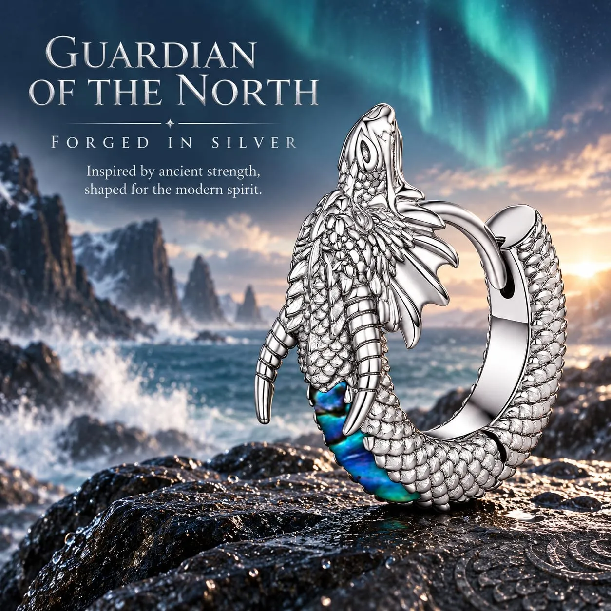 Odinstone Orecchini Viking Dragon da Uomo, Cerchi Nordici in Argento - immagine 2
