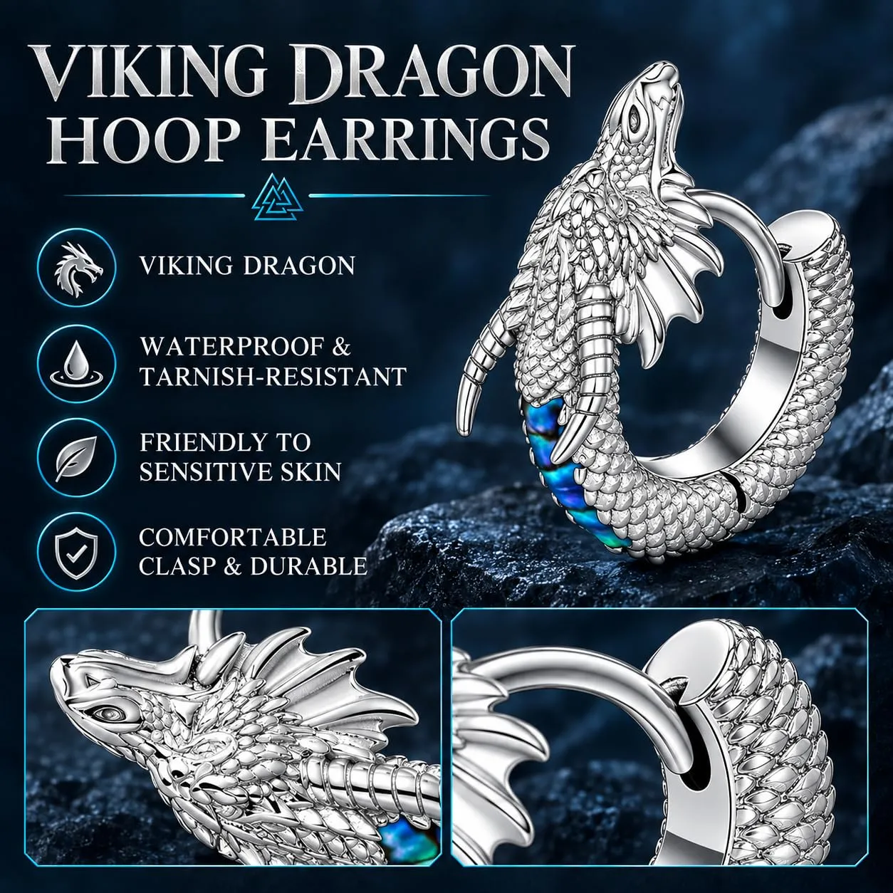 Odinstone Orecchini Viking Dragon da Uomo, Cerchi Nordici in Argento - immagine 5