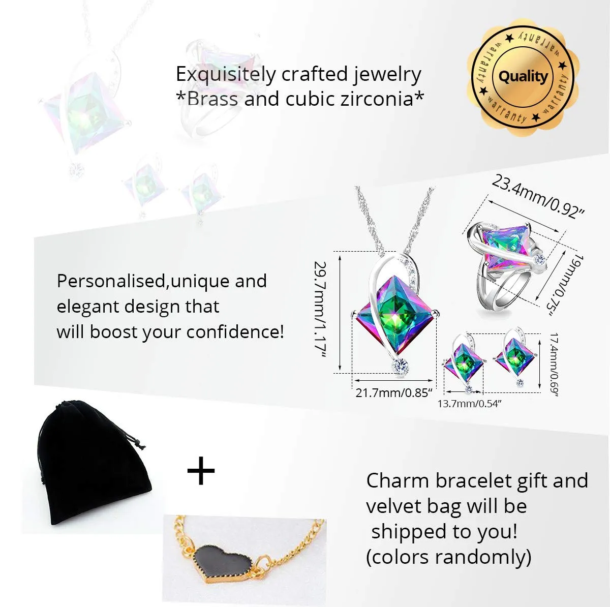 Uloveido Set di gioielli da sposa in cristallo e zirconi cubici con collana, orecchini e anello - immagine 7