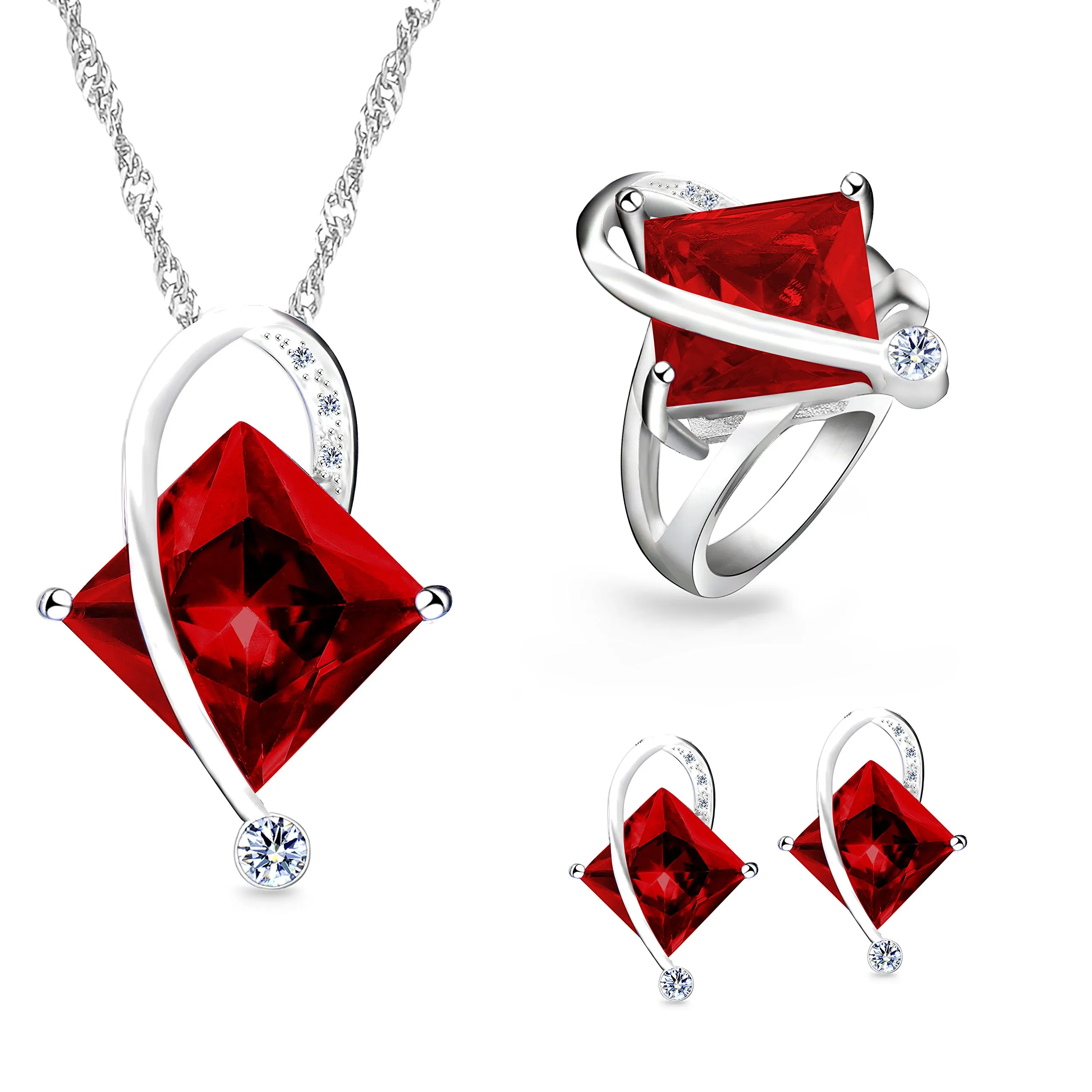 Uloveido T295 Set di Gioielli da Sposa con Collana, Orecchini e Anello, Placcati in Oro Bianco, Topazio Mistico Rosso - immagine 1