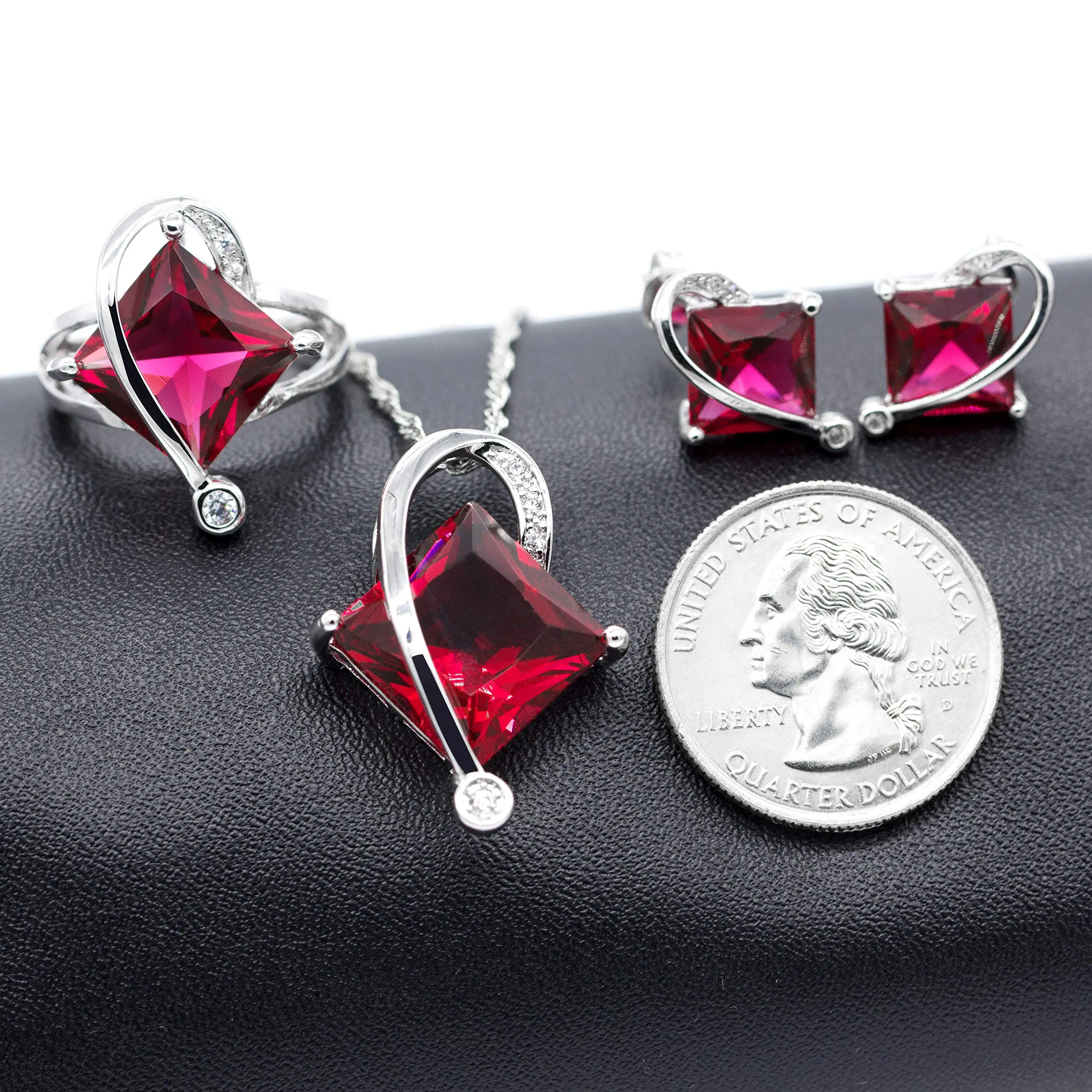 Uloveido T295 Set di Gioielli da Sposa con Collana, Orecchini e Anello, Placcati in Oro Bianco, Topazio Mistico Rosso - immagine 6