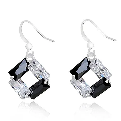 Crystalline Azuria Donna 18ct Placcato Oro Bianco Nero e Bianco Cristalli di Zirconi Rombo Parure Collana con Ciondolo 45 cm e Orecchini Pendenti - immagine 4