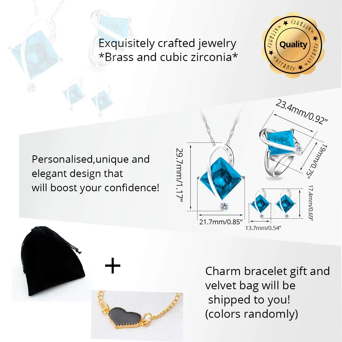 Uloveido Set di gioielli T295 con collana, orecchini e anello in cristallo quadrato e topazio creato - immagine 6