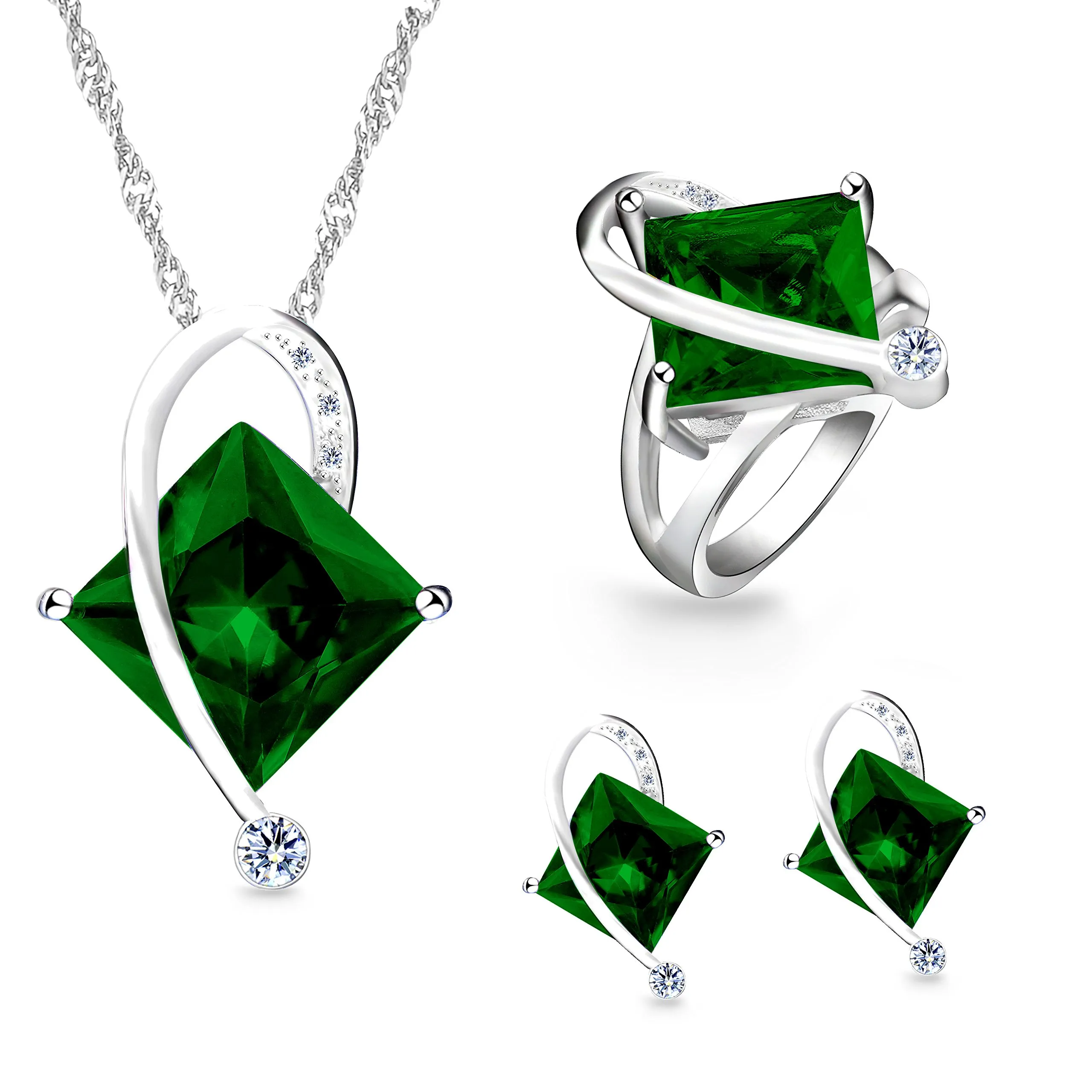 Uloveido T295 Set di gioielli da sposa con collana, orecchini e anello, placcati in oro bianco con topazio mistico, verde - immagine 1
