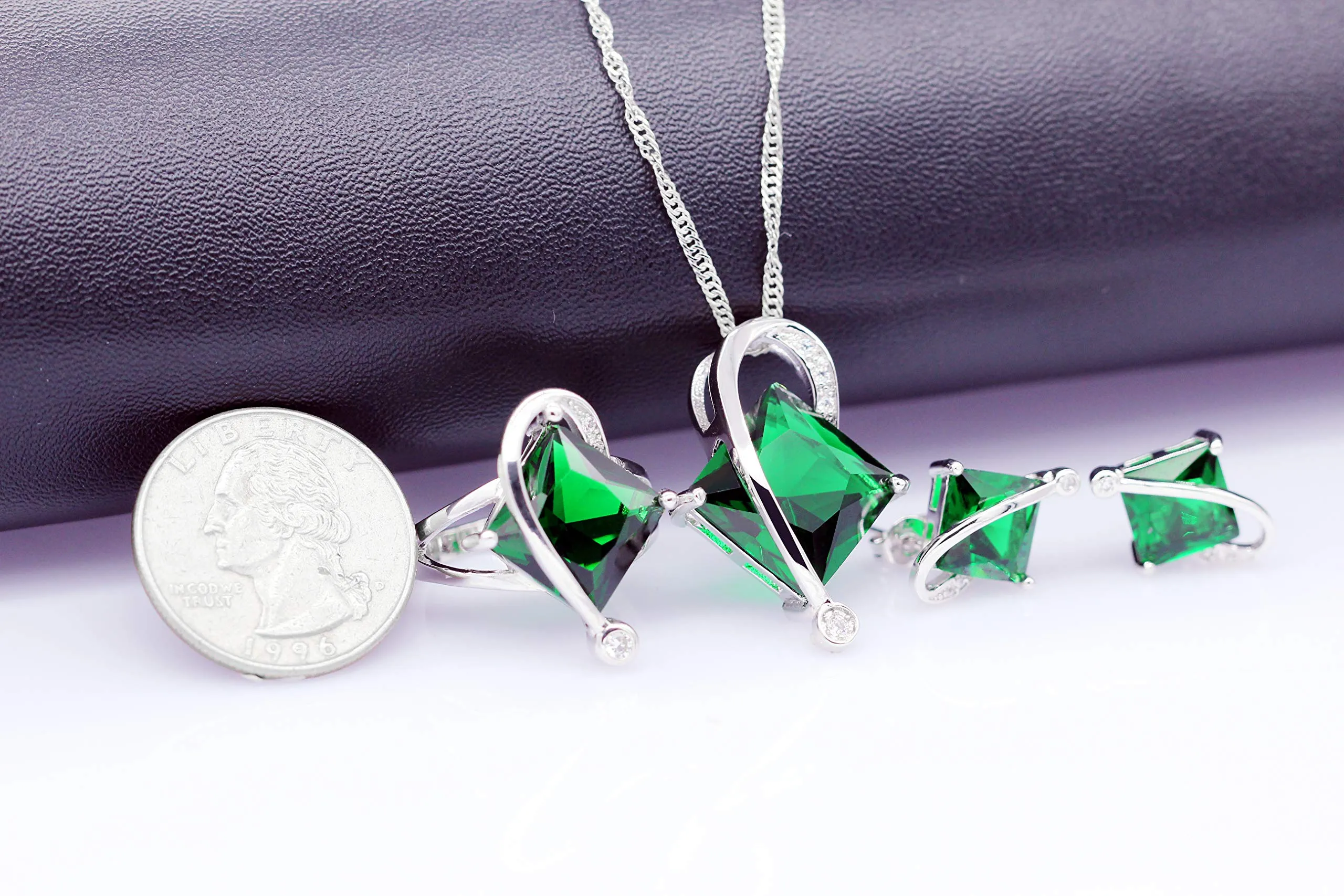 Uloveido T295 Set di gioielli da sposa con collana, orecchini e anello, placcati in oro bianco con topazio mistico, verde - immagine 6