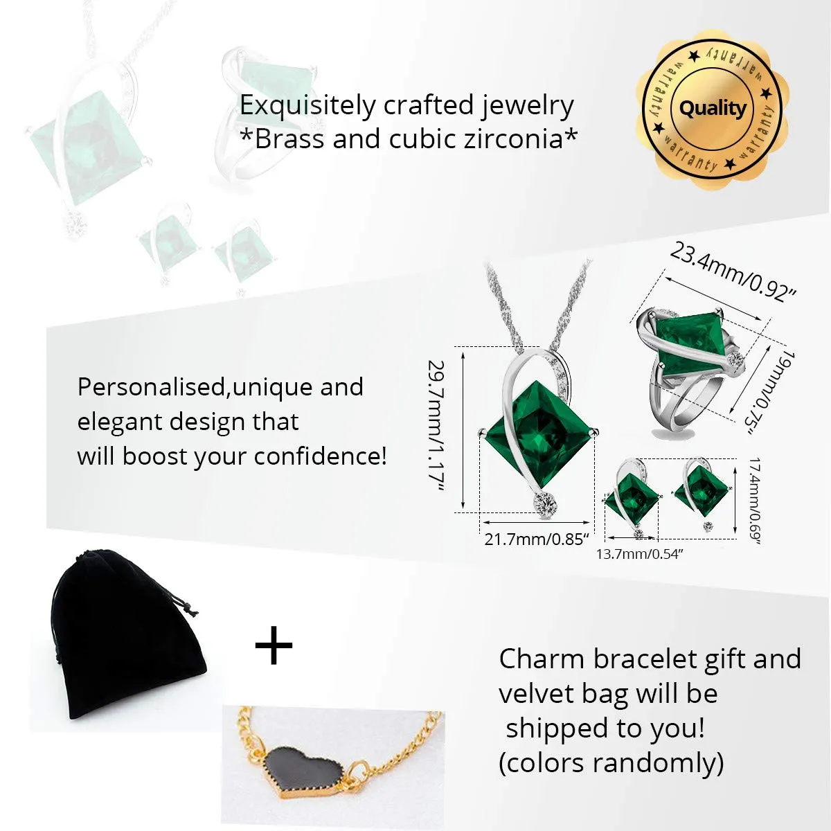 Uloveido T295 Set di gioielli da sposa con collana, orecchini e anello, placcati in oro bianco con topazio mistico, verde - immagine 7