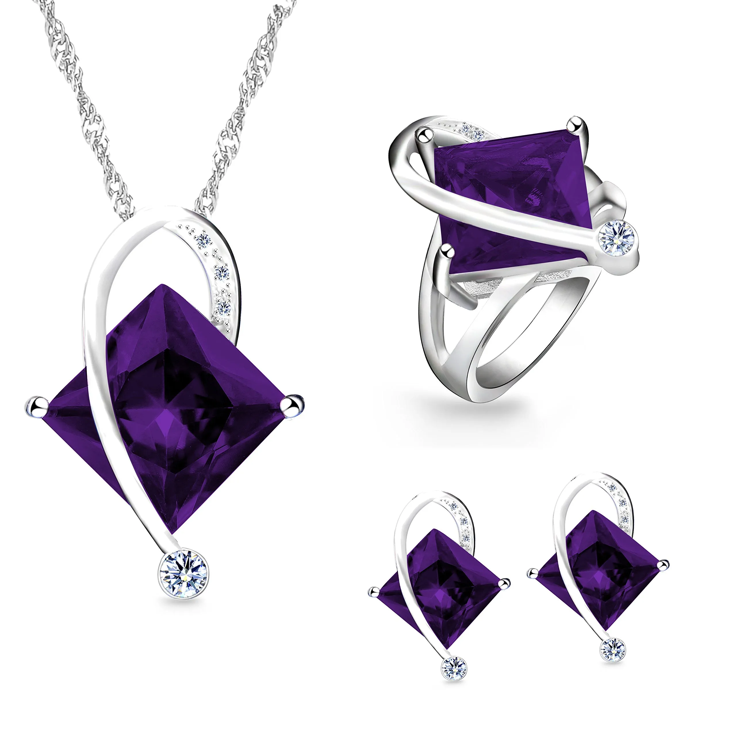 Uloveido Topazio Mistico Square Crystal Jewelry Set White Gold Plated Necklace Earrings and Ring (Purple) - immagine 1