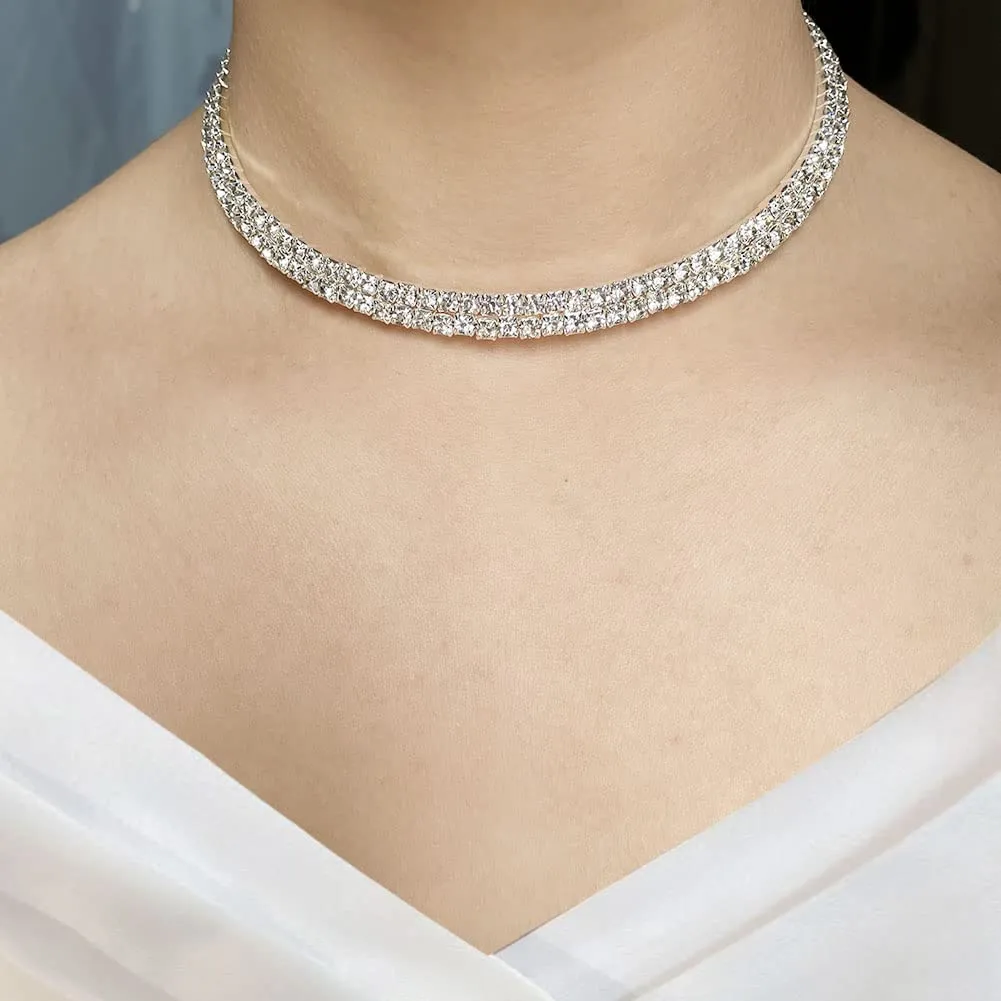 Wedity Set di Gioielli da Sposa in Cristallo e Argento, Collana a 2 Strati, Orecchini e Bracciale - immagine 2