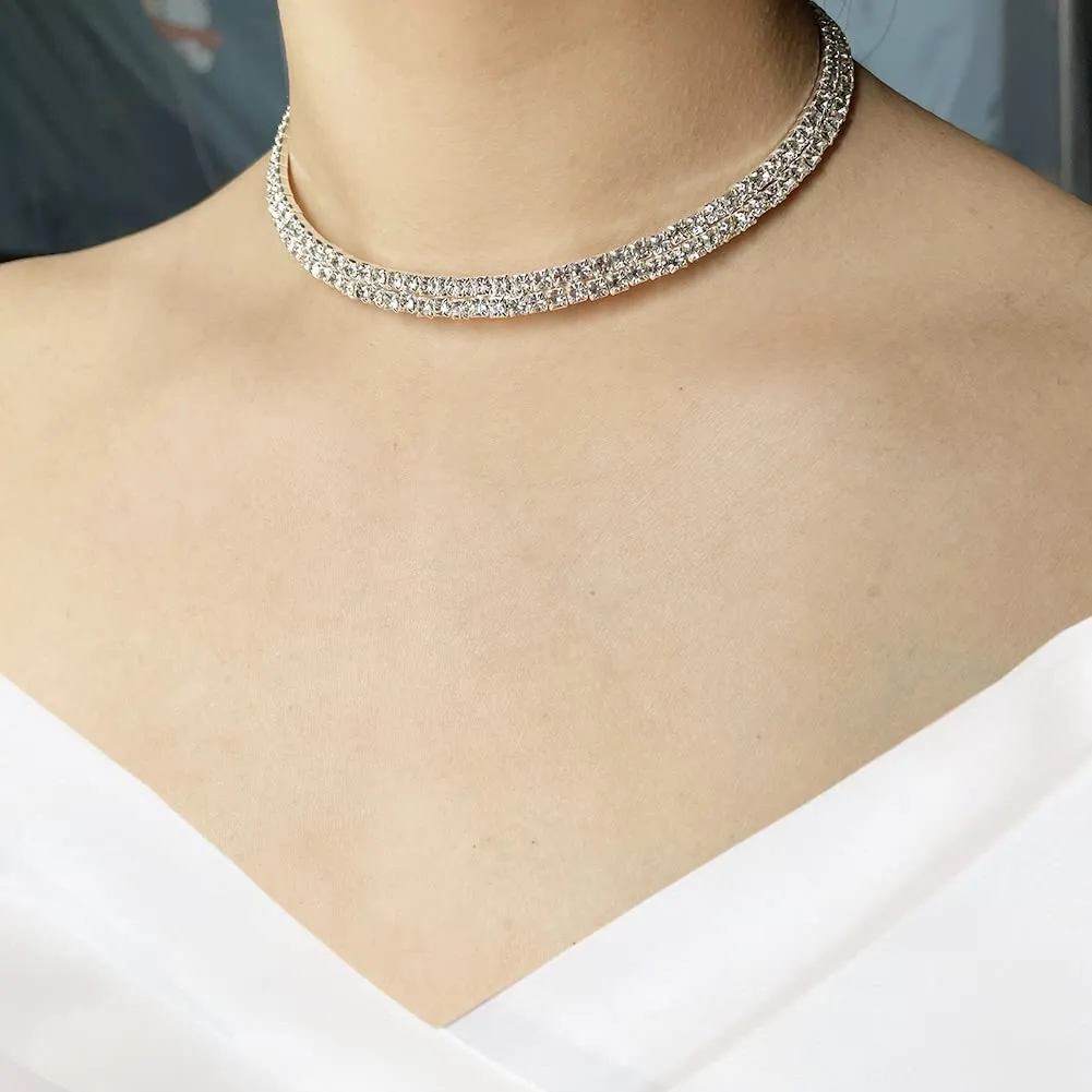 Wedity Set di Gioielli da Sposa in Cristallo e Argento, Collana a 2 Strati, Orecchini e Bracciale - immagine 3