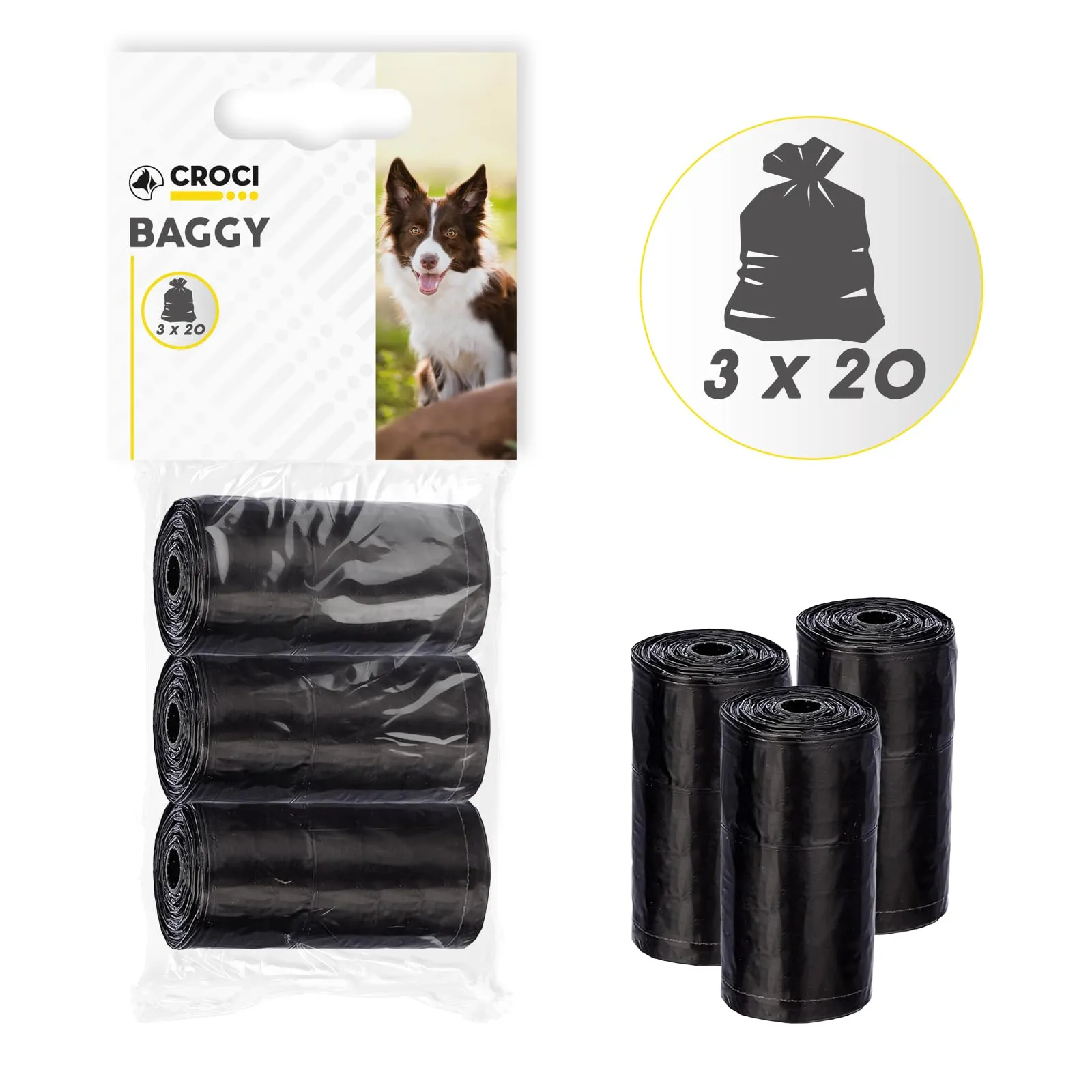 Croci Sacchetti igienici per cani, 3 Rotoli (60 Sacchetti), Nero - immagine 2