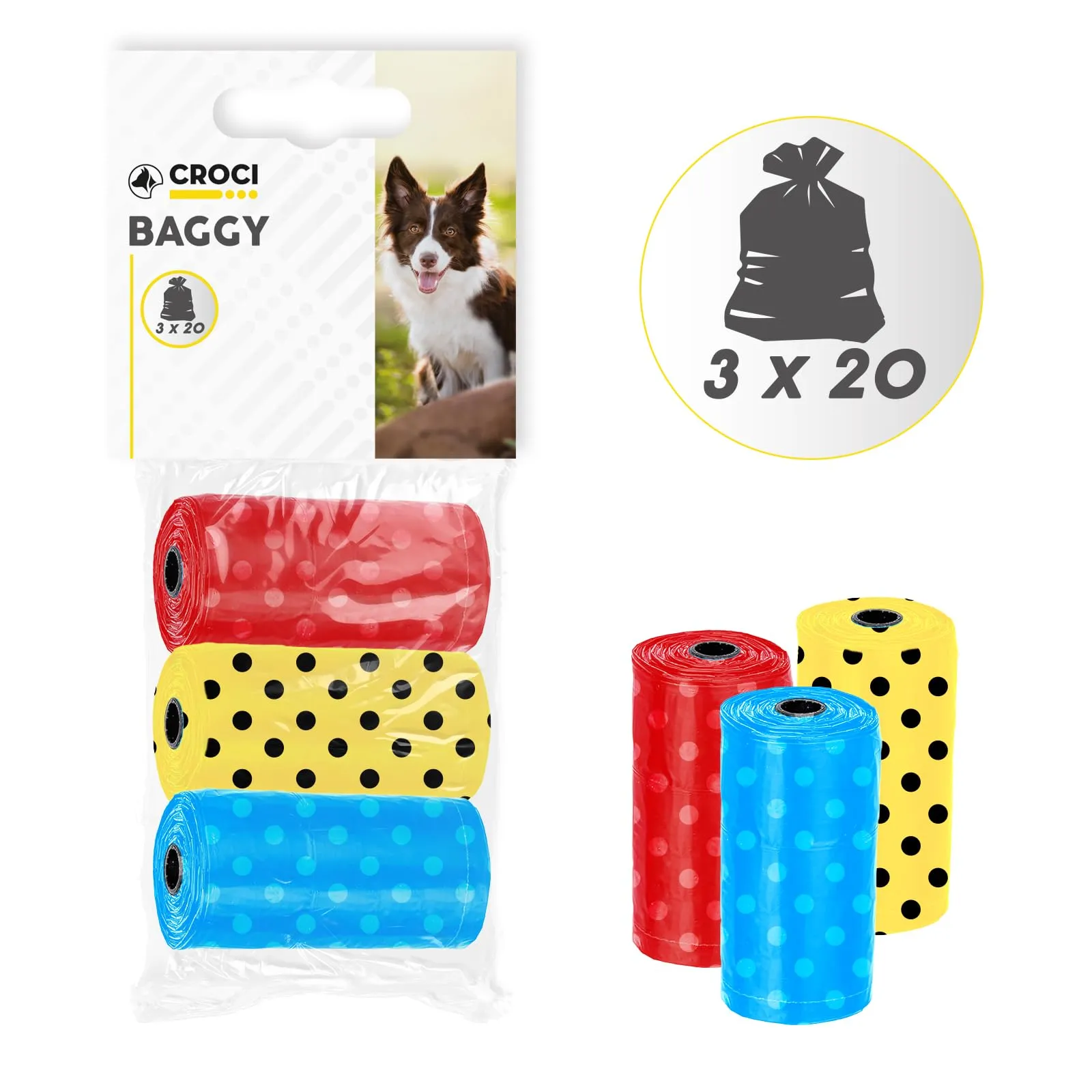 Croci Sacchetti igienici per cani, 3 Rotoli x 20 sacchetti, Colore Pois - immagine 2