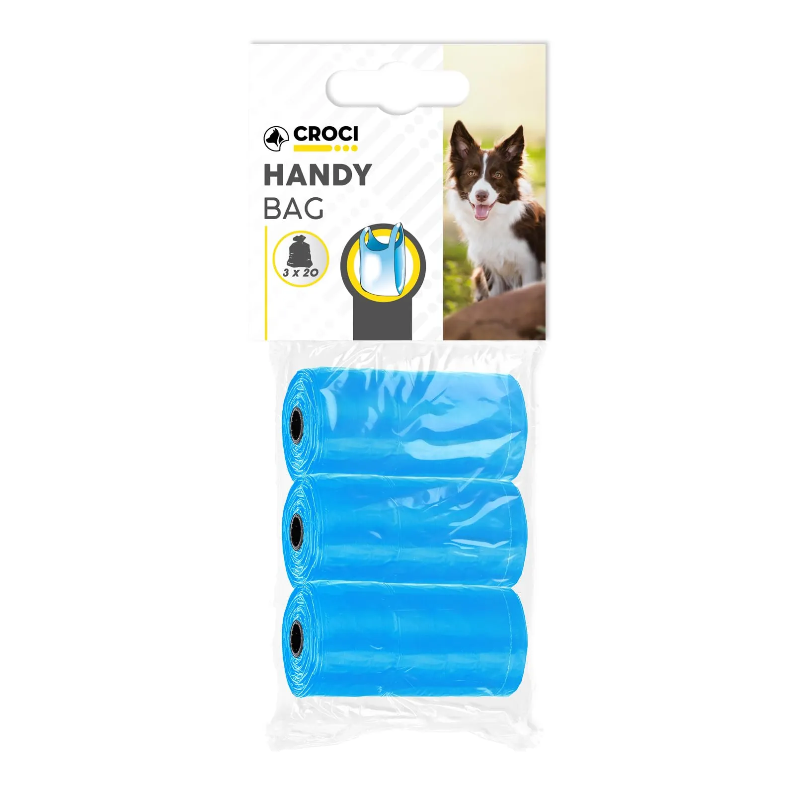 Croci Sacchetti per bisogni dei cani con manici, 3 Rotoli x 20 Sacchetti, Azzurro - immagine 1