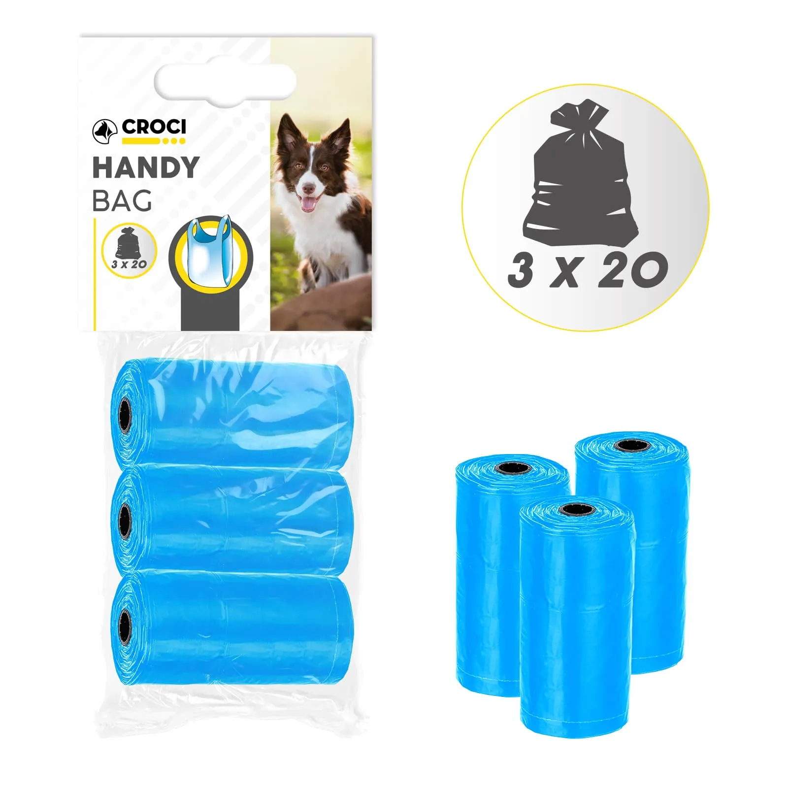 Croci Sacchetti per bisogni dei cani con manici, 3 Rotoli x 20 Sacchetti, Azzurro - immagine 2
