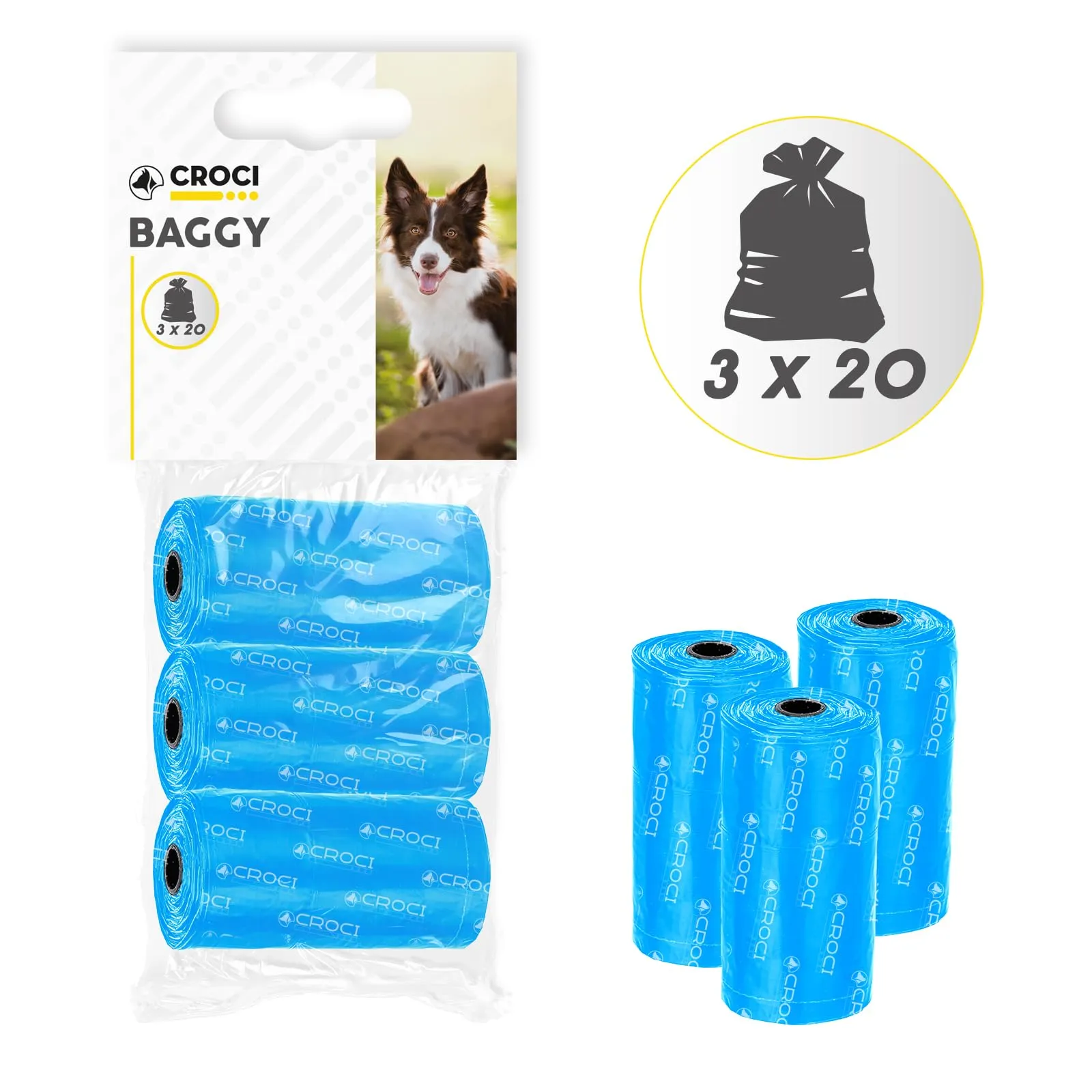 Croci Sacchetti per bisogni dei Cani, 60 pezzi (3 Rotoli x 20), Colore Blu - immagine 2