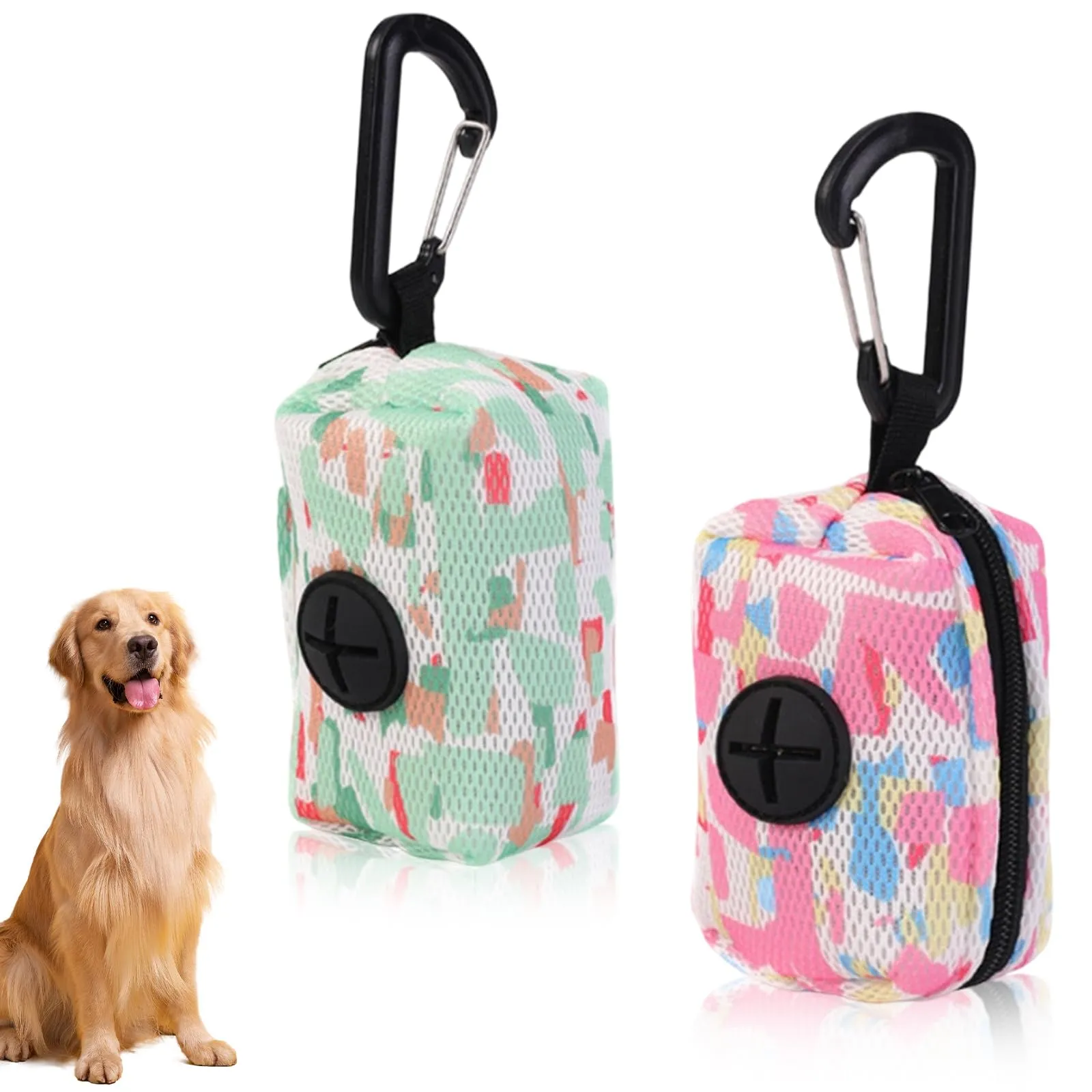 JYNVO Dispenser per sacchetti per cani con moschettone, 2 pezzi, Rosa e Verde - immagine 1