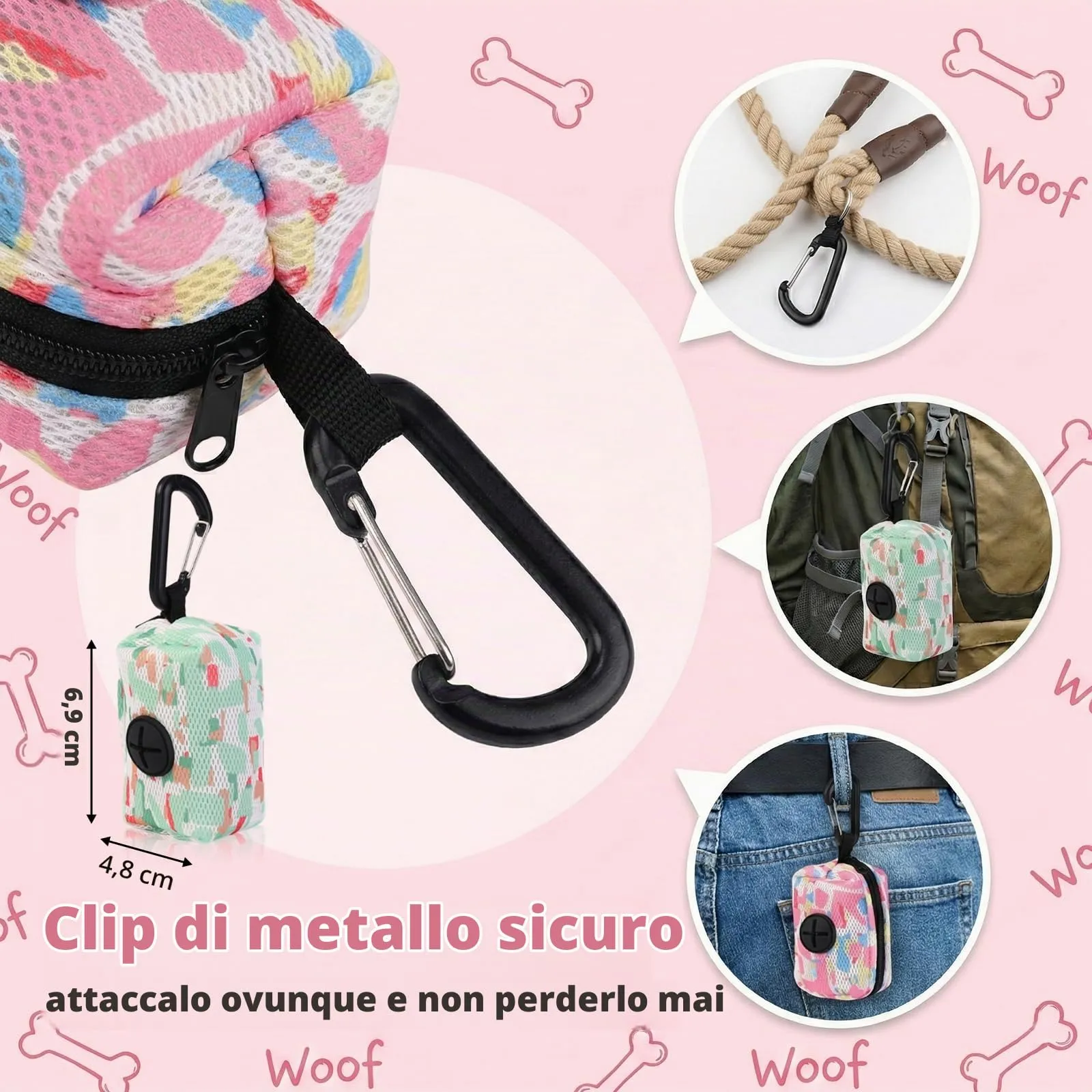 JYNVO Dispenser per sacchetti per cani con moschettone, 2 pezzi, Rosa e Verde - immagine 2