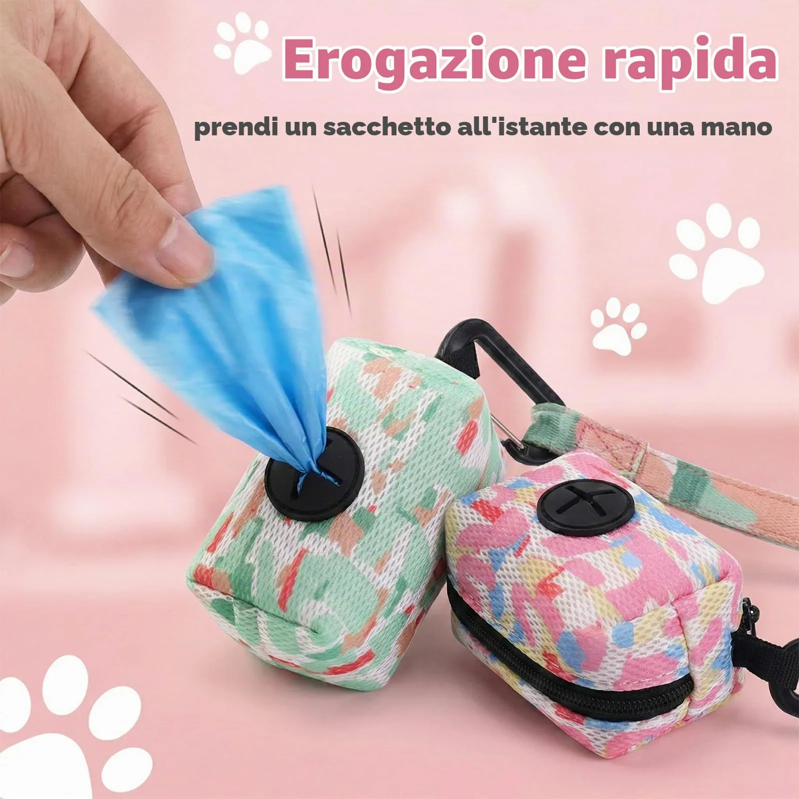 JYNVO Dispenser per sacchetti per cani con moschettone, 2 pezzi, Rosa e Verde - immagine 4