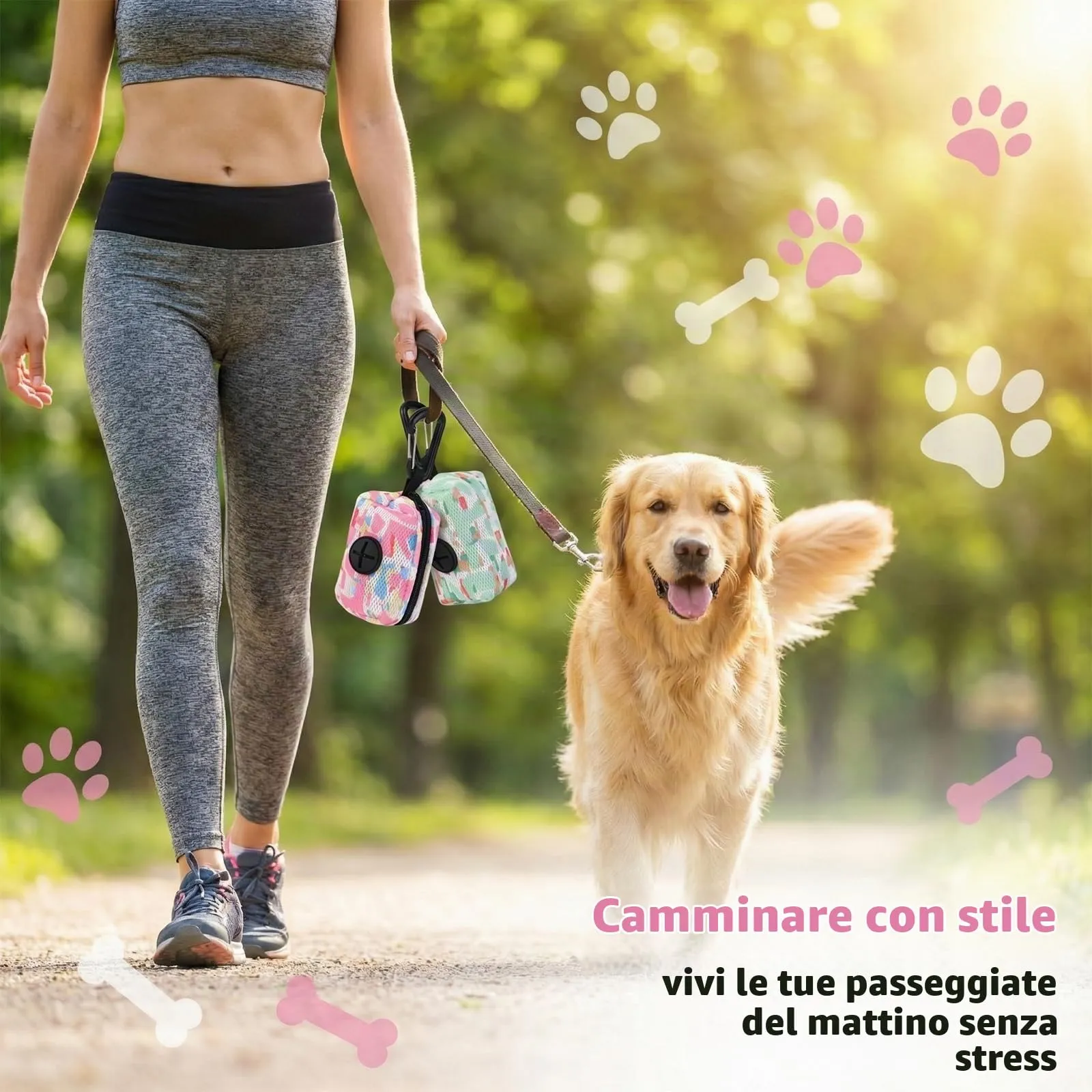 JYNVO Dispenser per sacchetti per cani con moschettone, 2 pezzi, Rosa e Verde - immagine 5