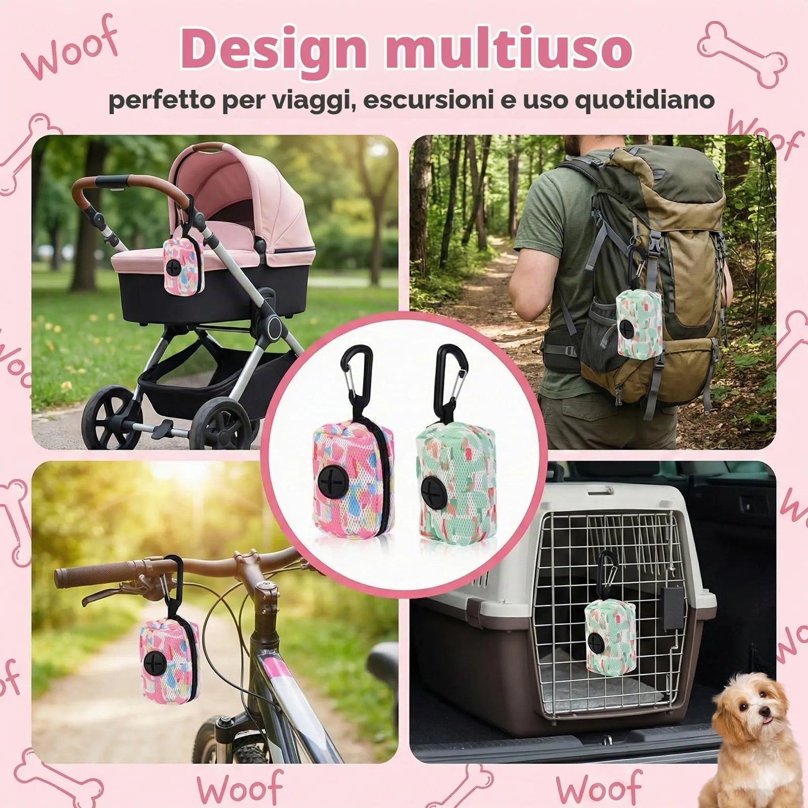 JYNVO Dispenser per sacchetti per cani con moschettone, 2 pezzi, Rosa e Verde - immagine 6