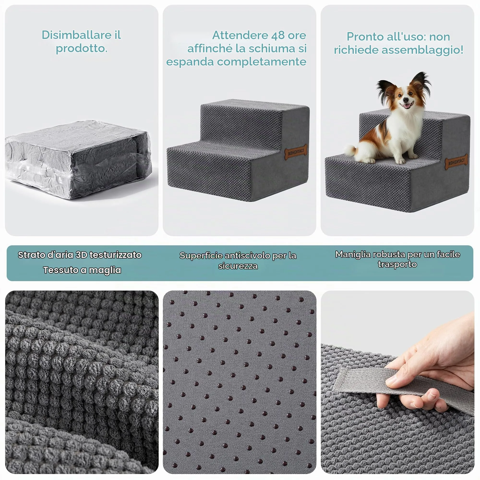 Kohentact Scaletta e Rampa per Cani, 33-61 cm, Schiuma 40D, Antiscivolo, Rivestimento Lavabile, Grigio - immagine 2