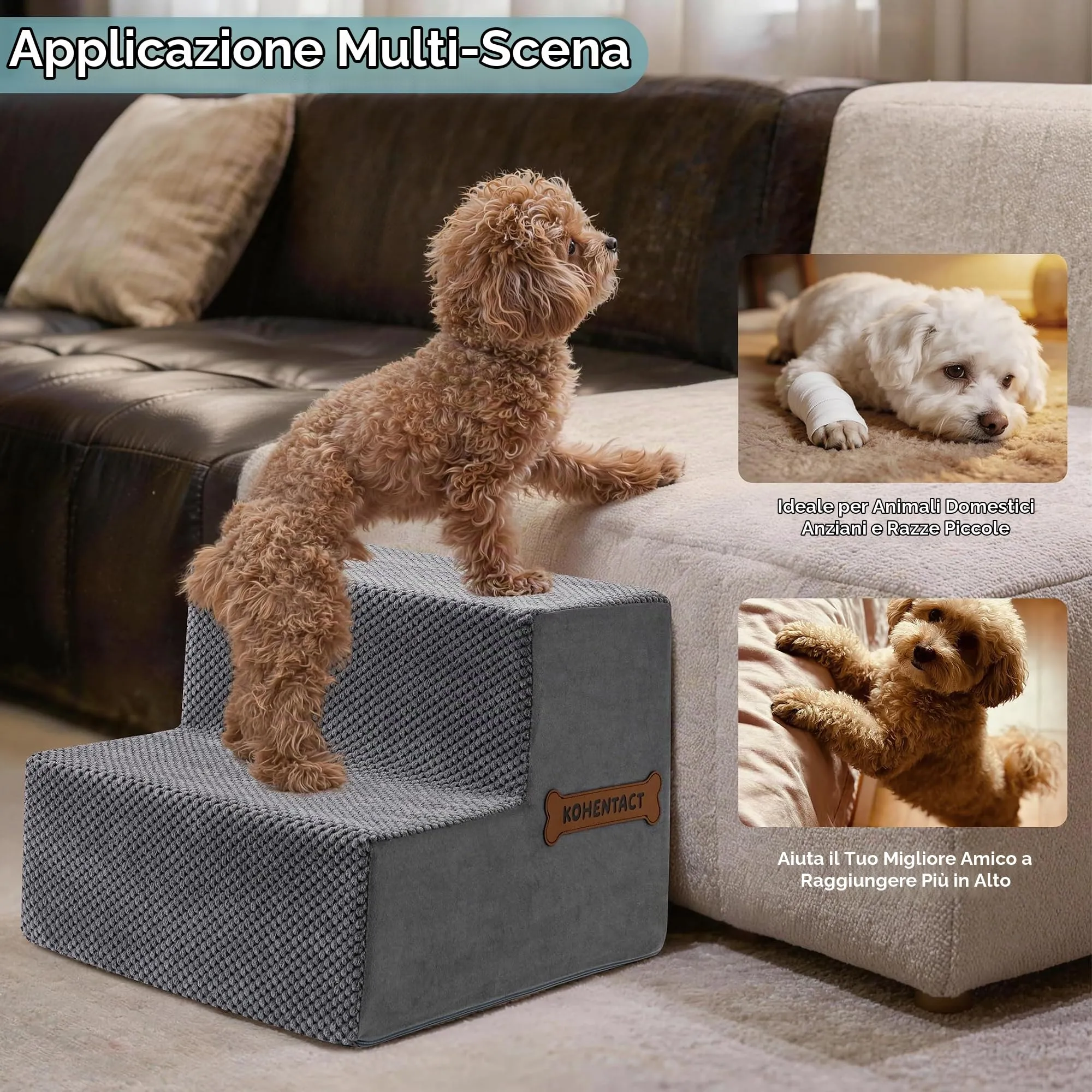 Kohentact Scaletta e Rampa per Cani, 33-61 cm, Schiuma 40D, Antiscivolo, Rivestimento Lavabile, Grigio - immagine 4